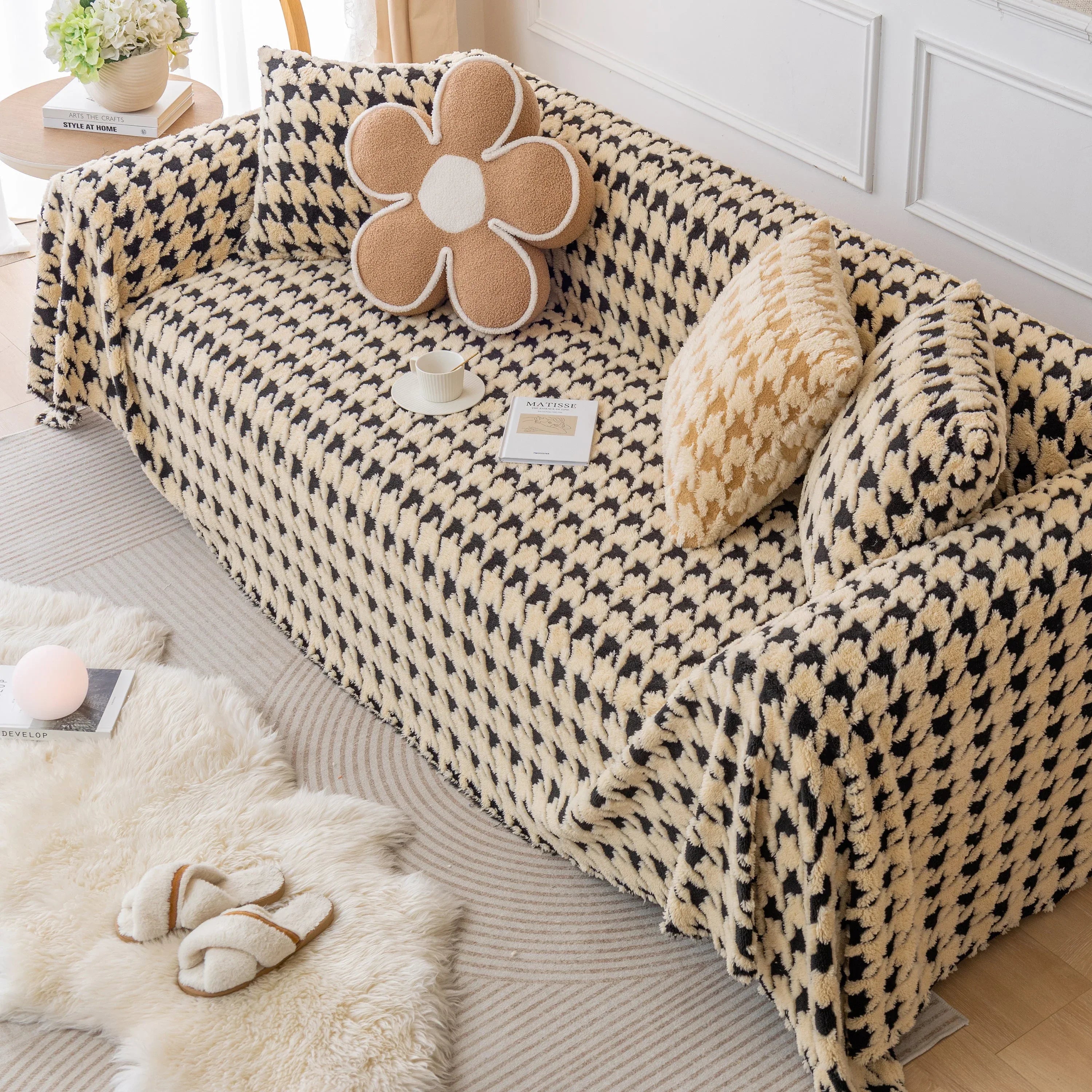 Luxury Plush Universal Couch Cover Blanket, Washable Couch Protector Houndstooth Sofa Covers - TaroTextile