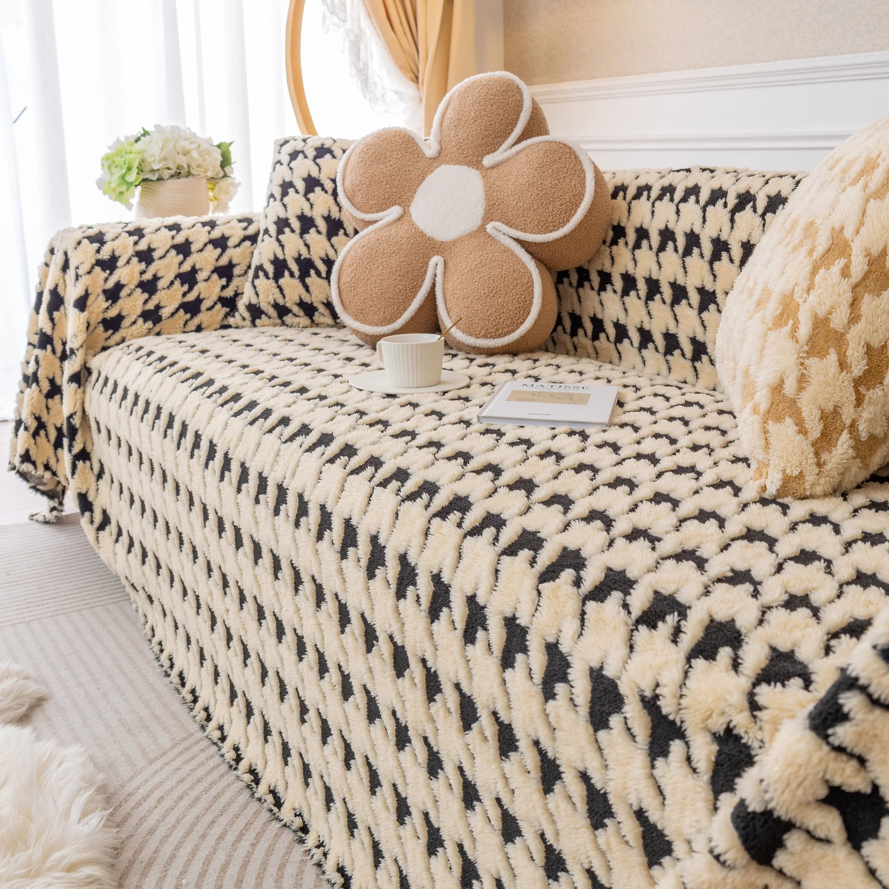 Luxury Plush Universal Couch Cover Blanket, Washable Couch Protector Houndstooth Sofa Covers - TaroTextile