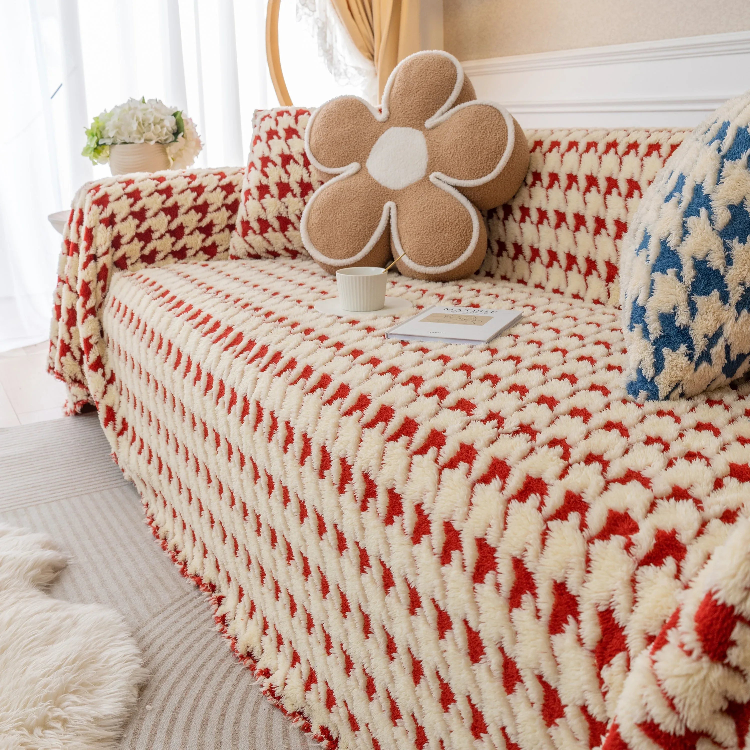 Luxury Plush Universal Couch Cover Blanket, Washable Couch Protector Houndstooth Sofa Covers - TaroTextile