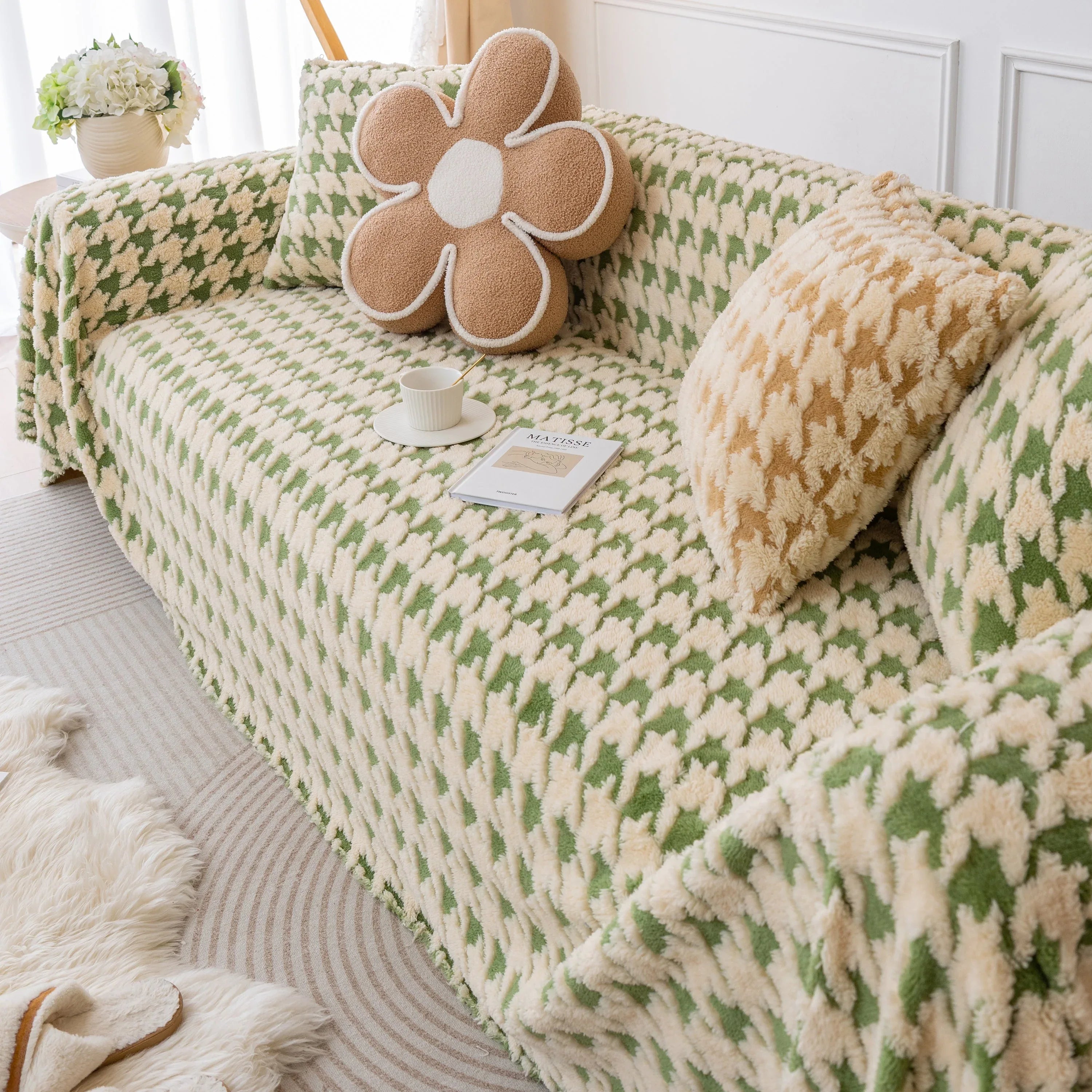 Luxury Plush Universal Couch Cover Blanket, Washable Couch Protector Houndstooth Sofa Covers - TaroTextile