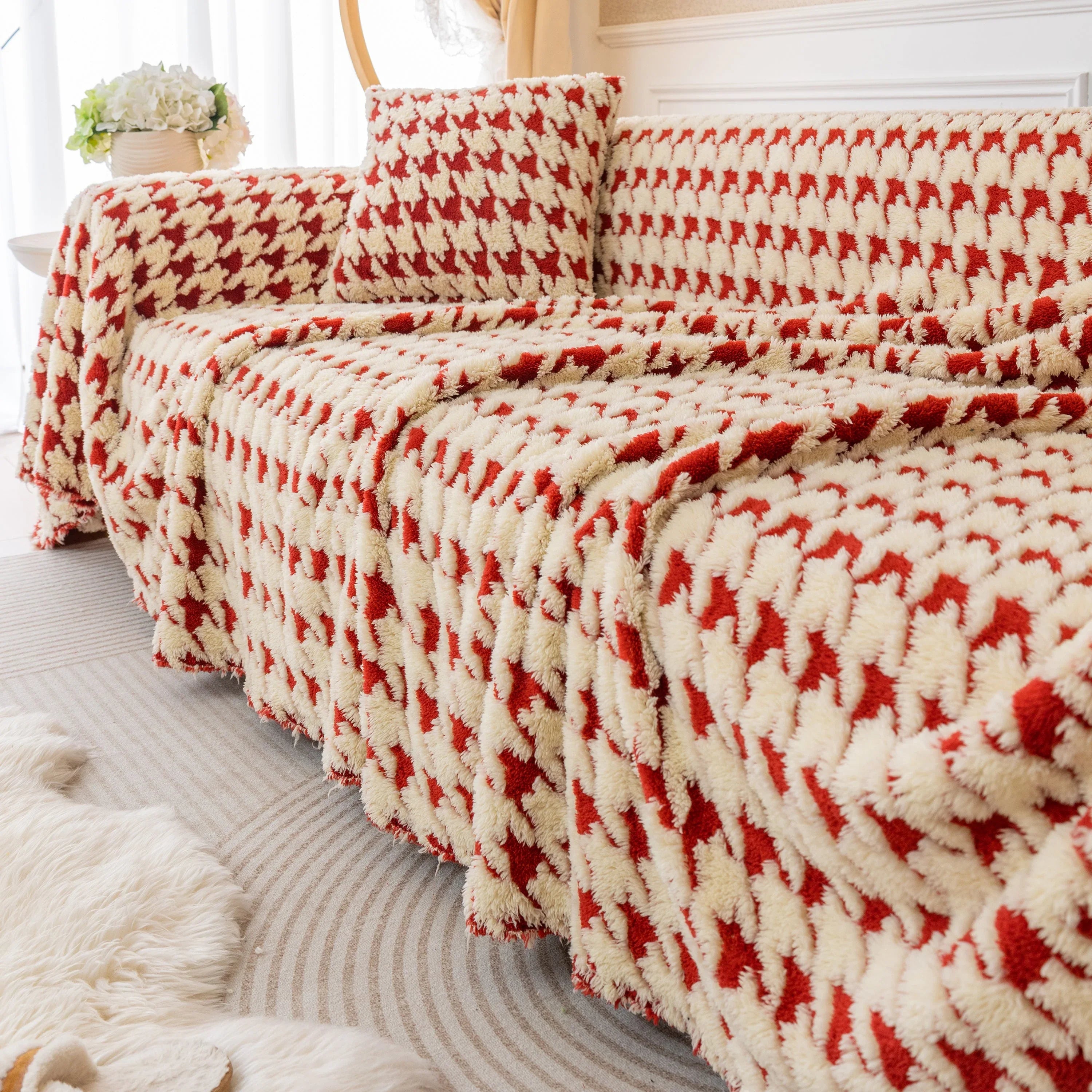 Luxury Plush Universal Couch Cover Blanket, Washable Couch Protector Houndstooth Sofa Covers - TaroTextile