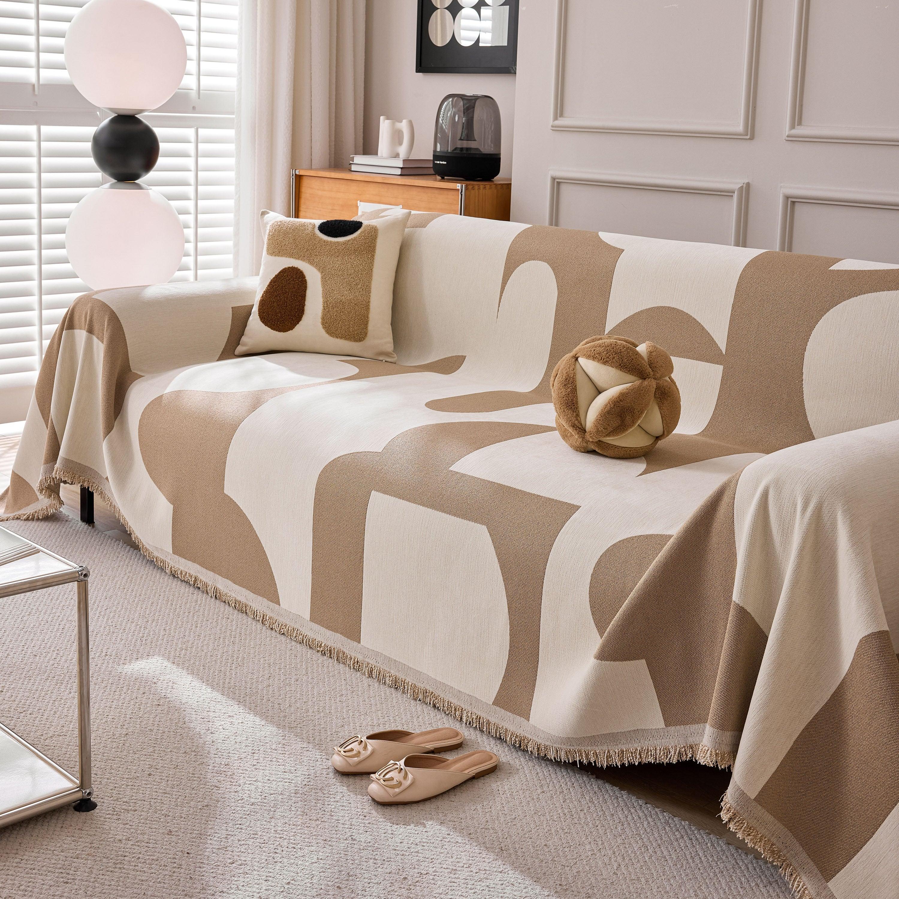 Modern Abstract Chenille Sofa Cover, Large Soft Throw Blanket with Tassels for Couch - TaroTextile
