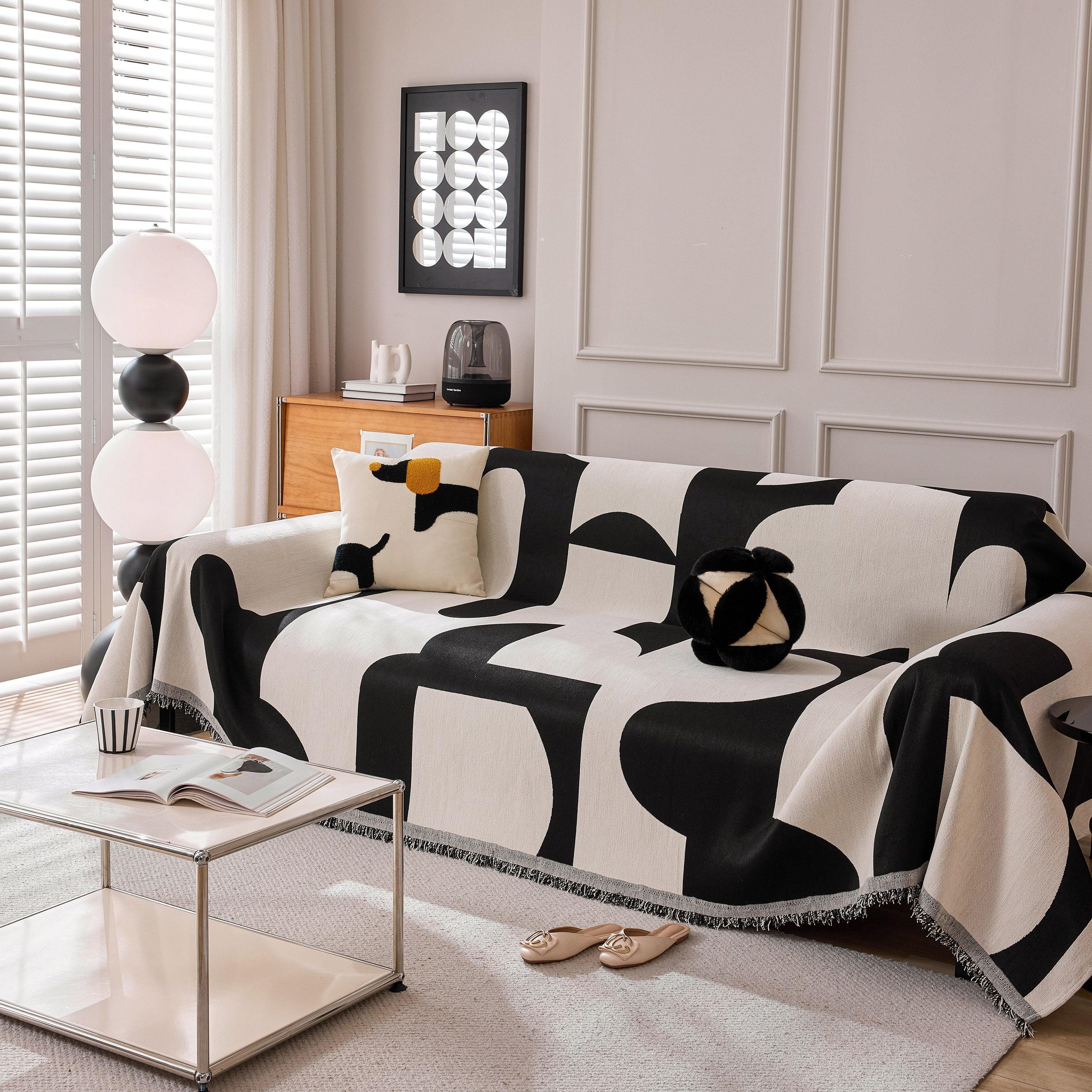 Modern Abstract Chenille Sofa Cover, Large Soft Throw Blanket with Tassels for Couch - TaroTextile