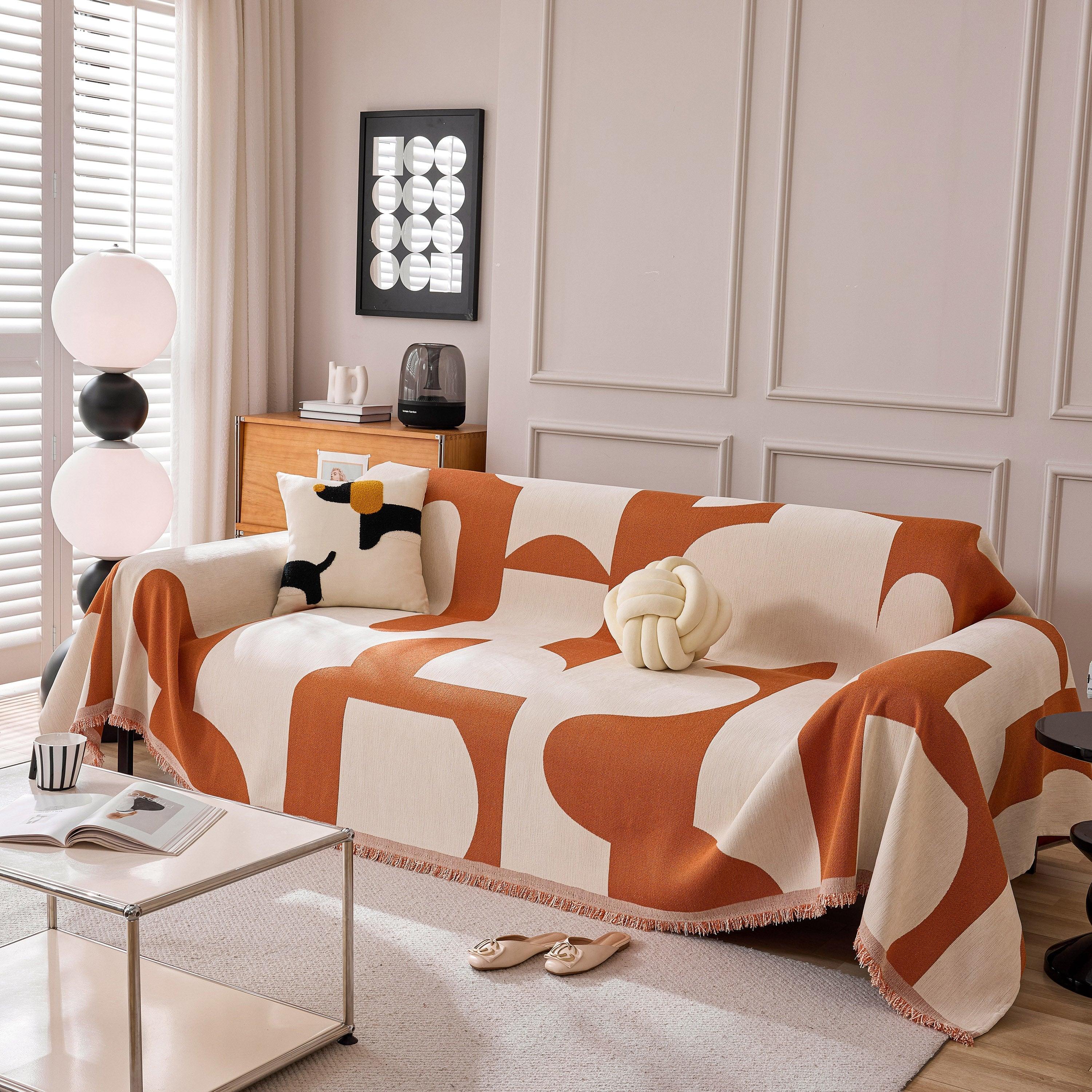 Modern Abstract Chenille Sofa Cover, Large Soft Throw Blanket with Tassels for Couch - TaroTextile