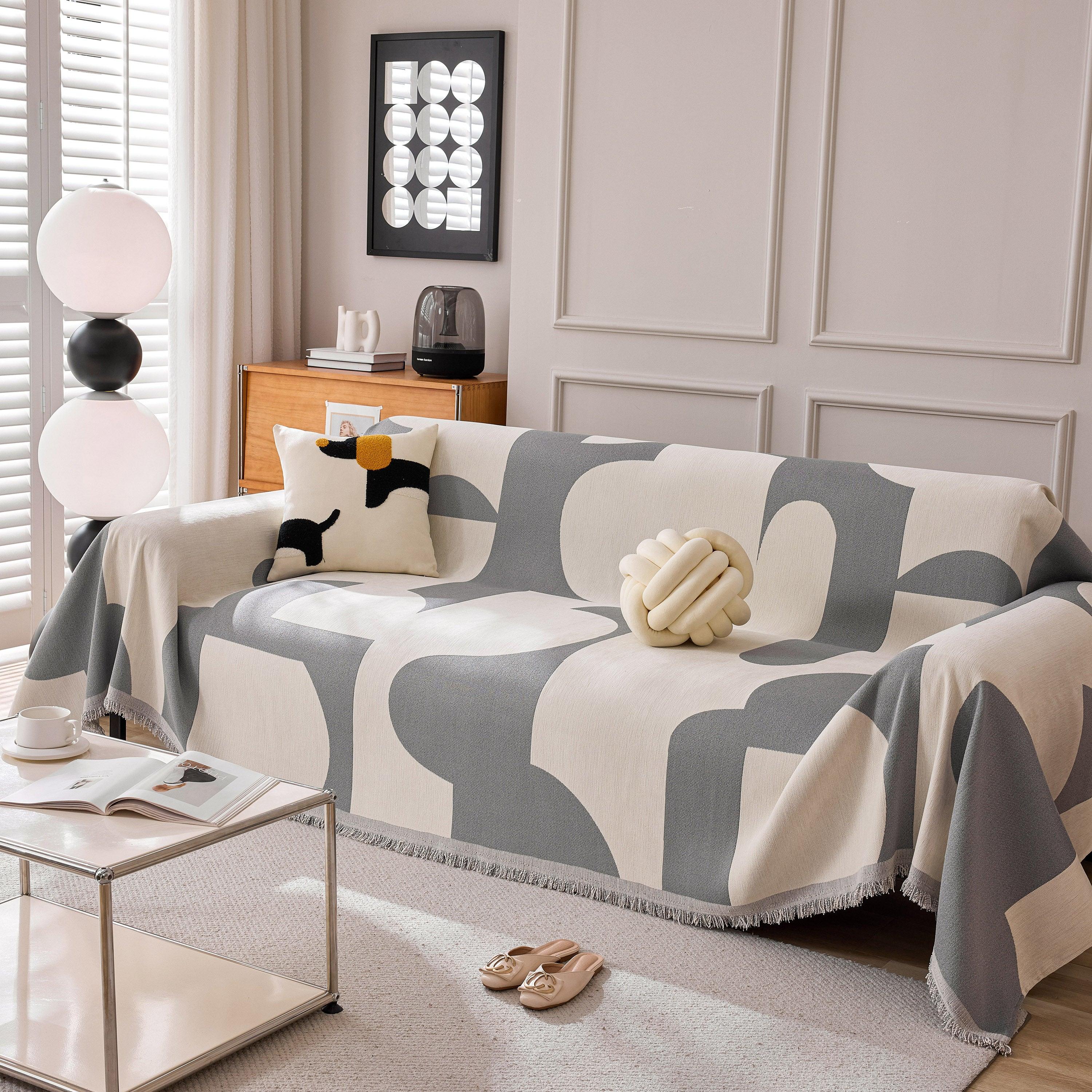 Modern Abstract Chenille Sofa Cover, Large Soft Throw Blanket with Tassels for Couch - TaroTextile