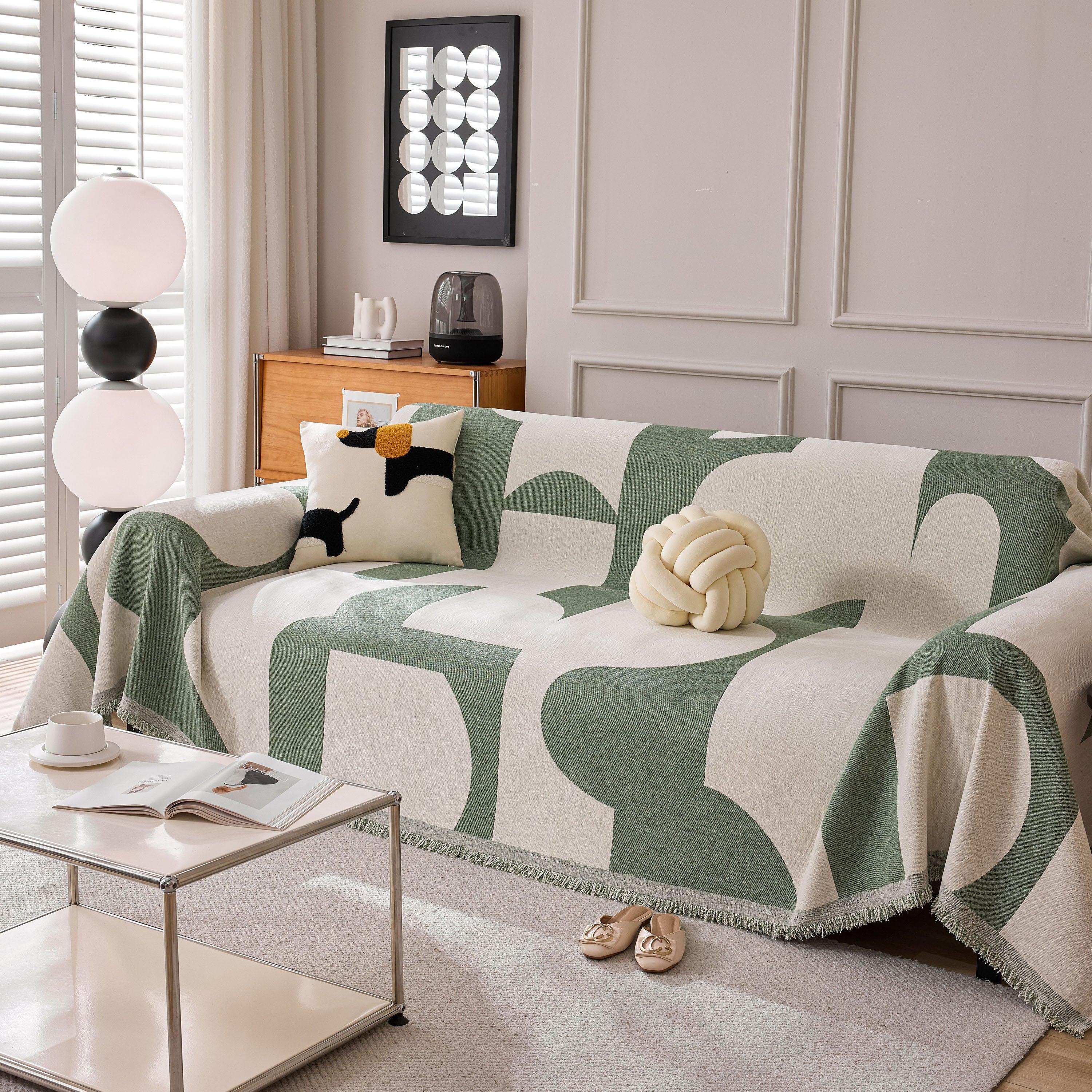 Modern Abstract Chenille Sofa Cover, Large Soft Throw Blanket with Tassels for Couch - TaroTextile