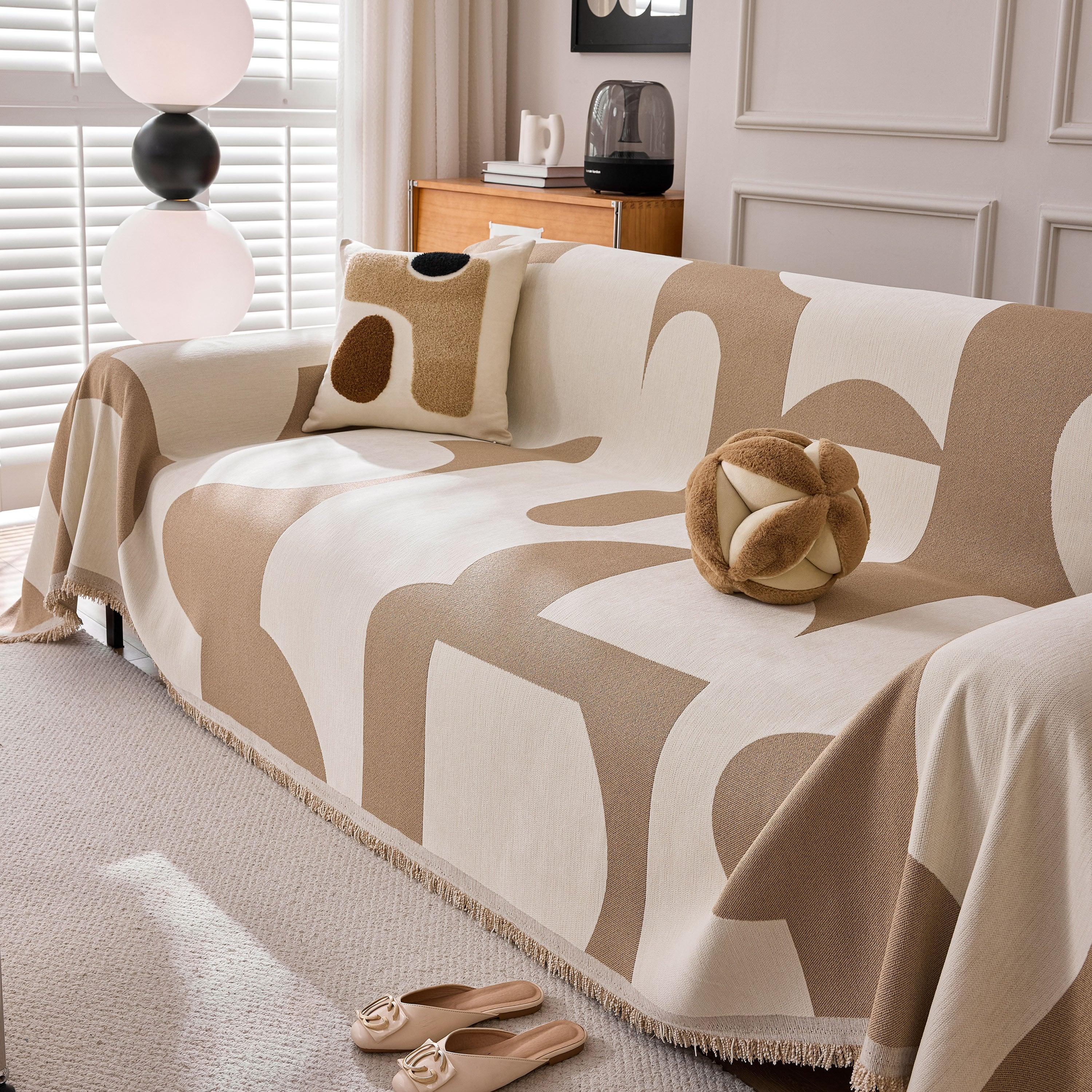 Modern Abstract Chenille Sofa Cover, Large Soft Throw Blanket with Tassels for Couch - TaroTextile