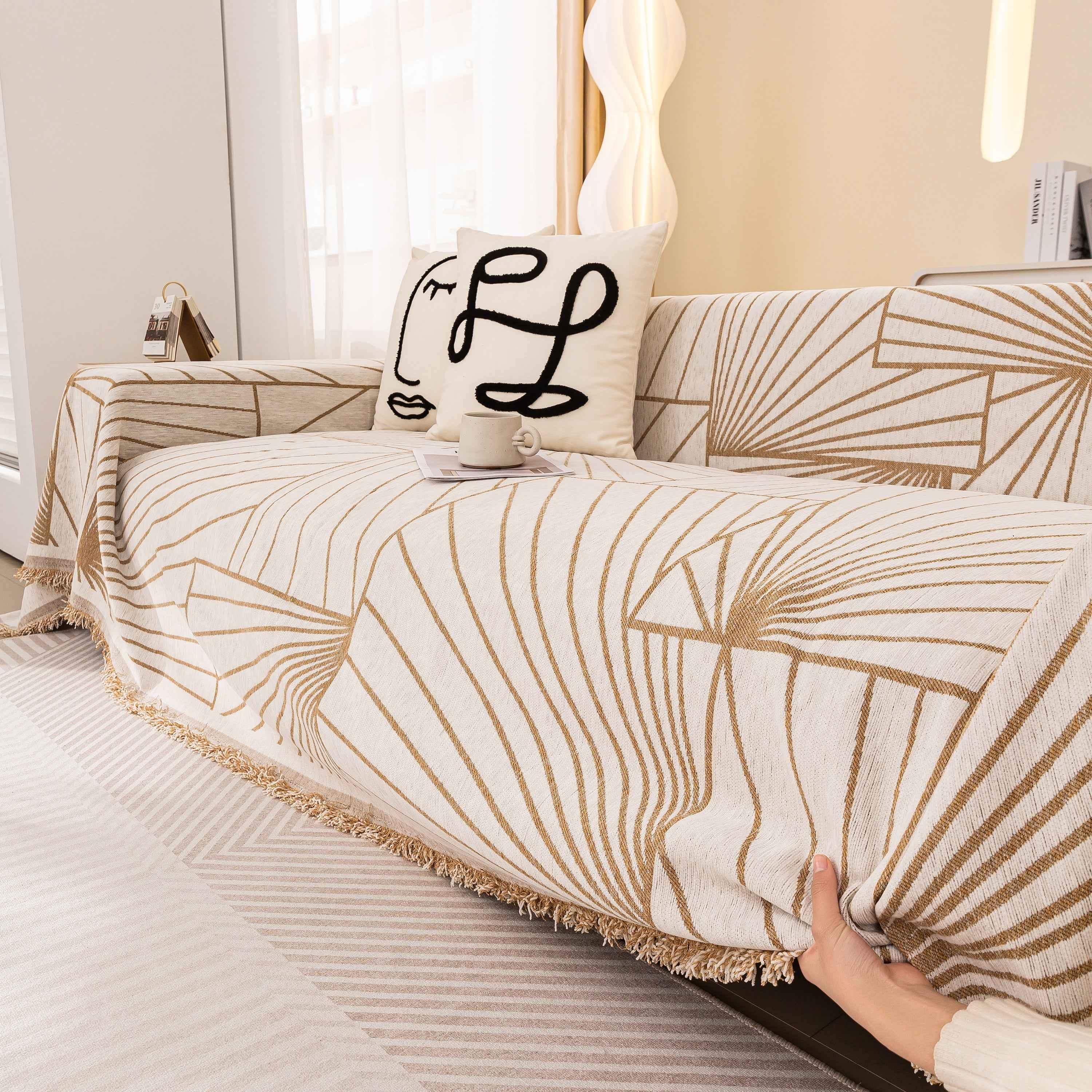 Modern Minimalist Chenille Line Pattern Sofa Cover, Dust and Scratch Resistant Throw Blankets for Couch - TaroTextile