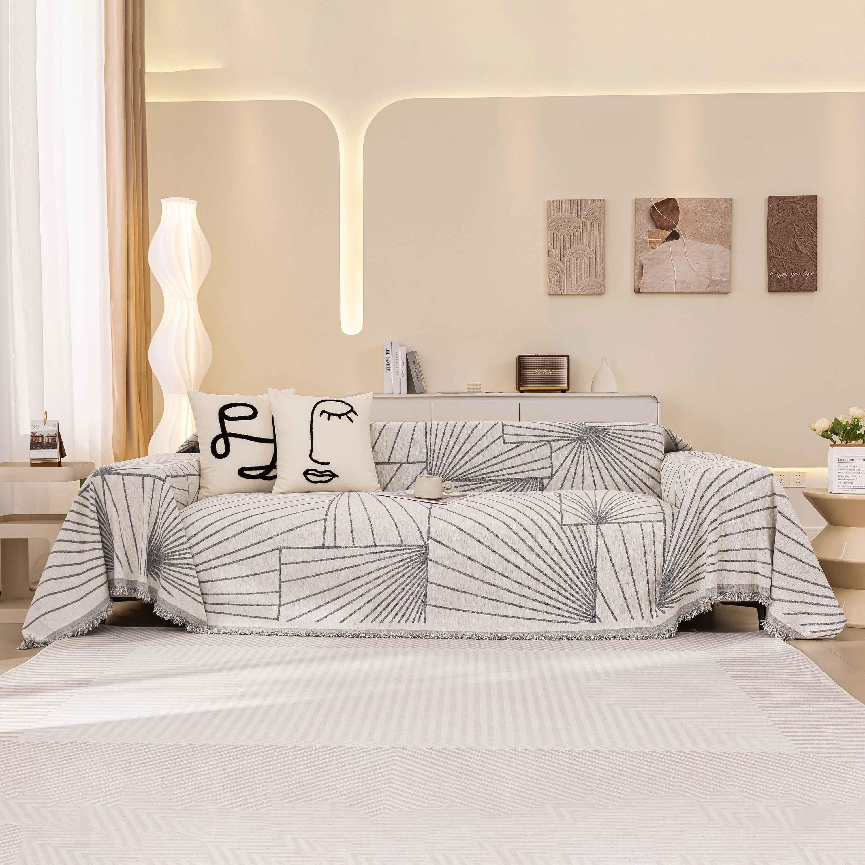 Modern Minimalist Chenille Line Pattern Sofa Cover, Dust and Scratch Resistant Throw Blankets for Couch - TaroTextile