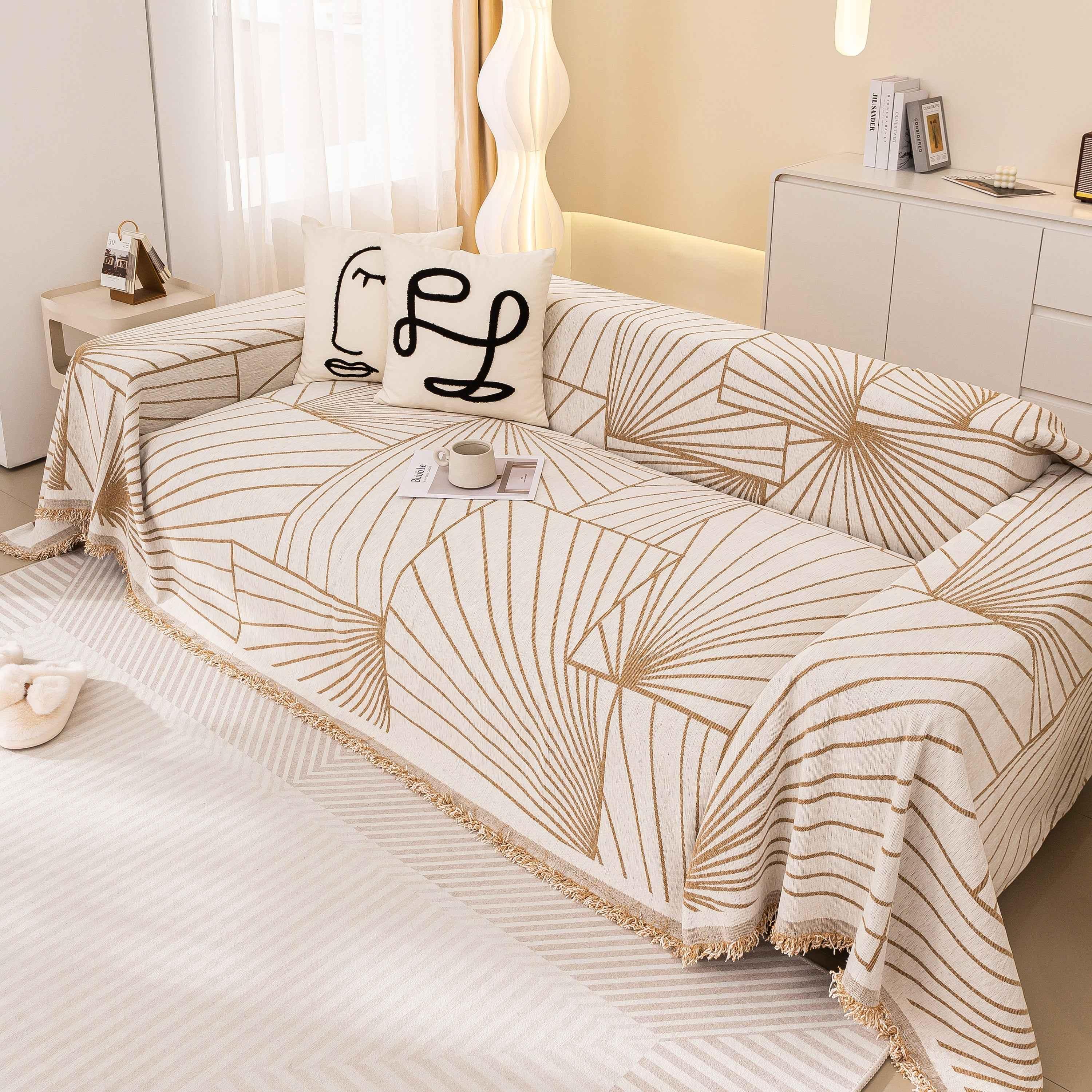 Modern Minimalist Chenille Line Pattern Sofa Cover, Dust and Scratch Resistant Throw Blankets for Couch - TaroTextile