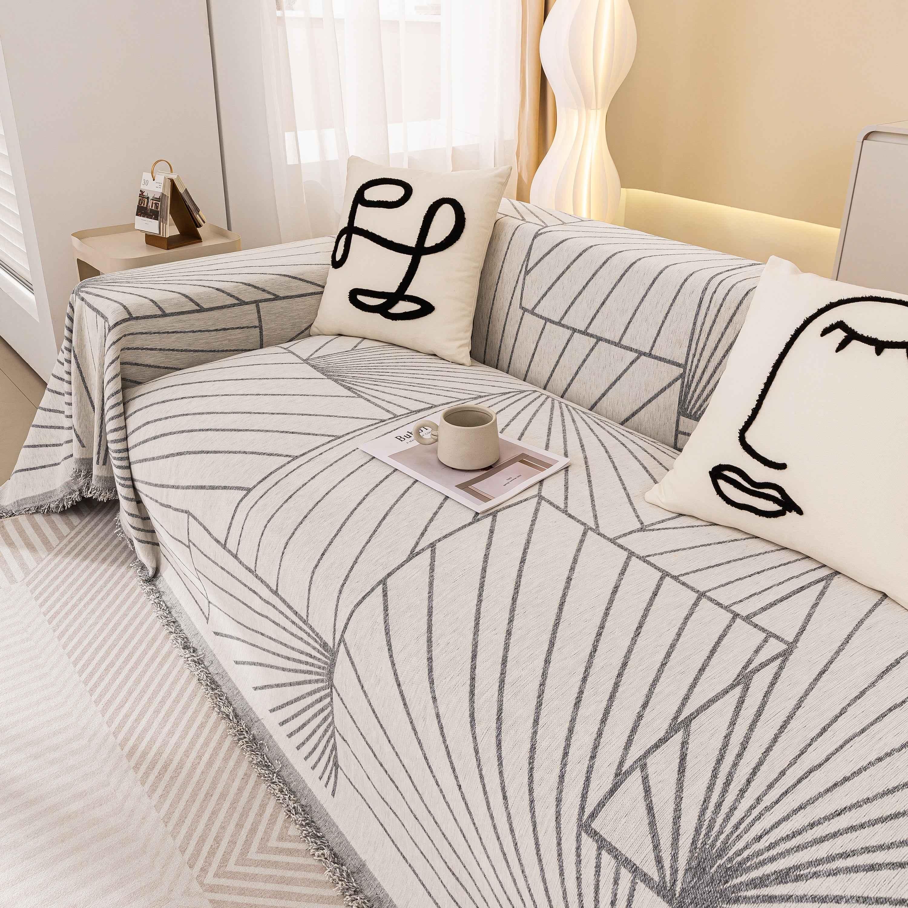 Modern Minimalist Chenille Line Pattern Sofa Cover, Dust and Scratch Resistant Throw Blankets for Couch - TaroTextile