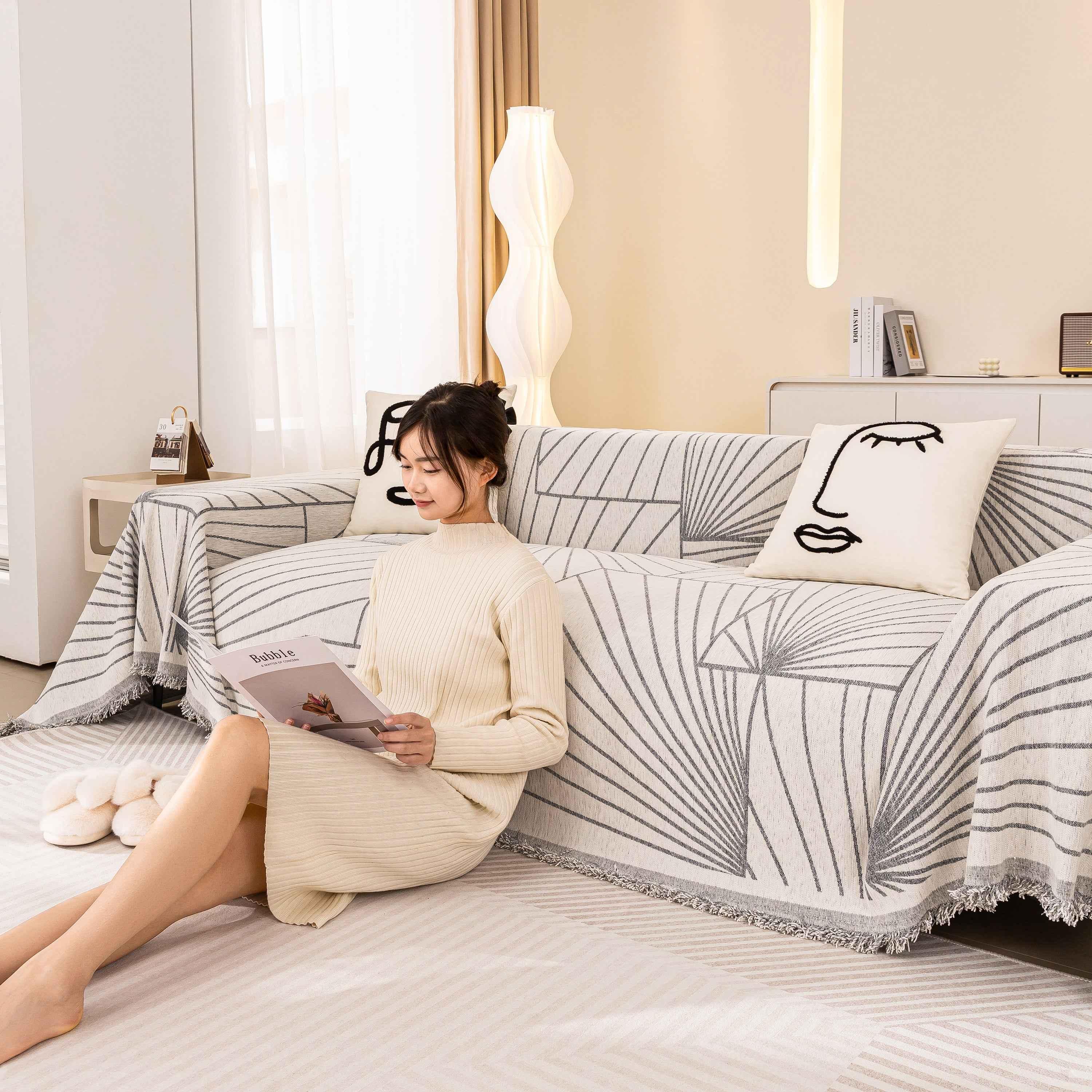 Modern Minimalist Chenille Line Pattern Sofa Cover, Dust and Scratch Resistant Throw Blankets for Couch - TaroTextile