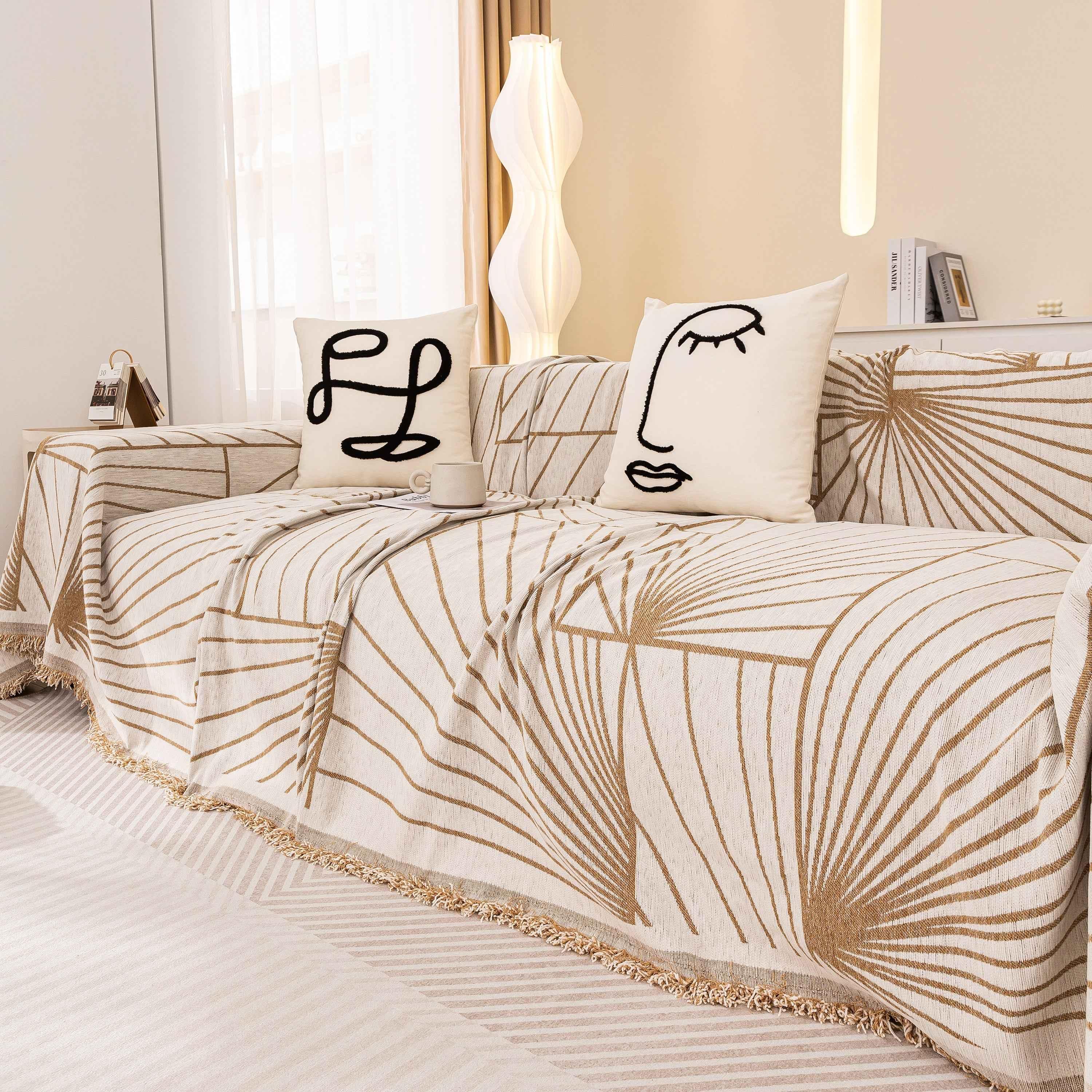 Modern Minimalist Chenille Line Pattern Sofa Cover, Dust and Scratch Resistant Throw Blankets for Couch - TaroTextile