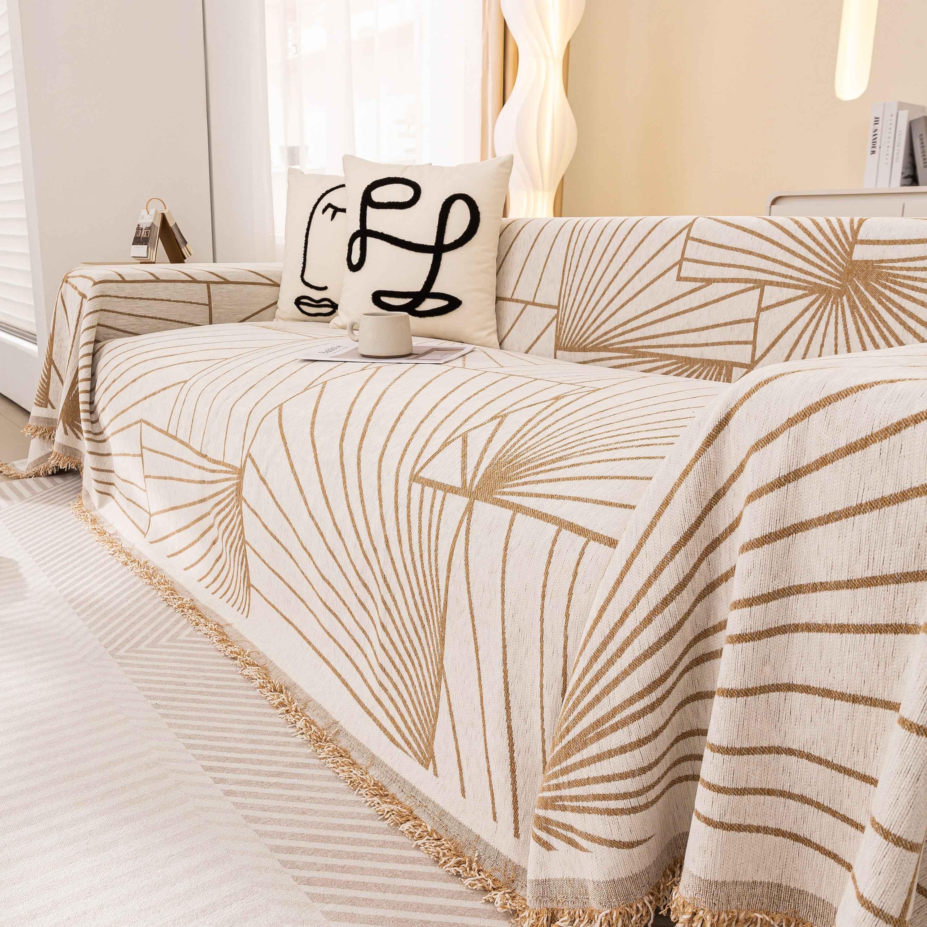 Modern Minimalist Chenille Line Pattern Sofa Cover, Dust and Scratch Resistant Throw Blankets for Couch - TaroTextile