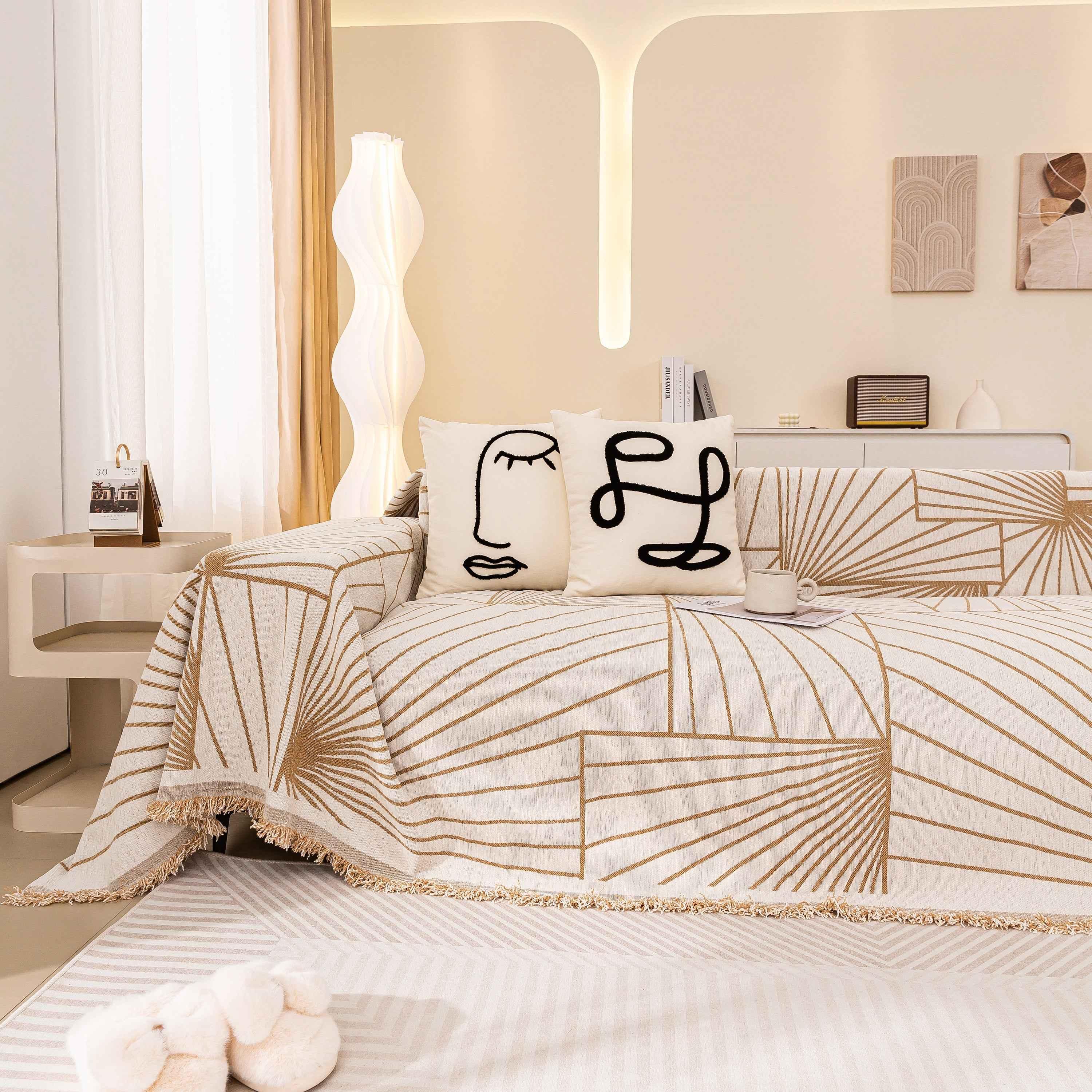 Modern Minimalist Chenille Line Pattern Sofa Cover, Dust and Scratch Resistant Throw Blankets for Couch - TaroTextile
