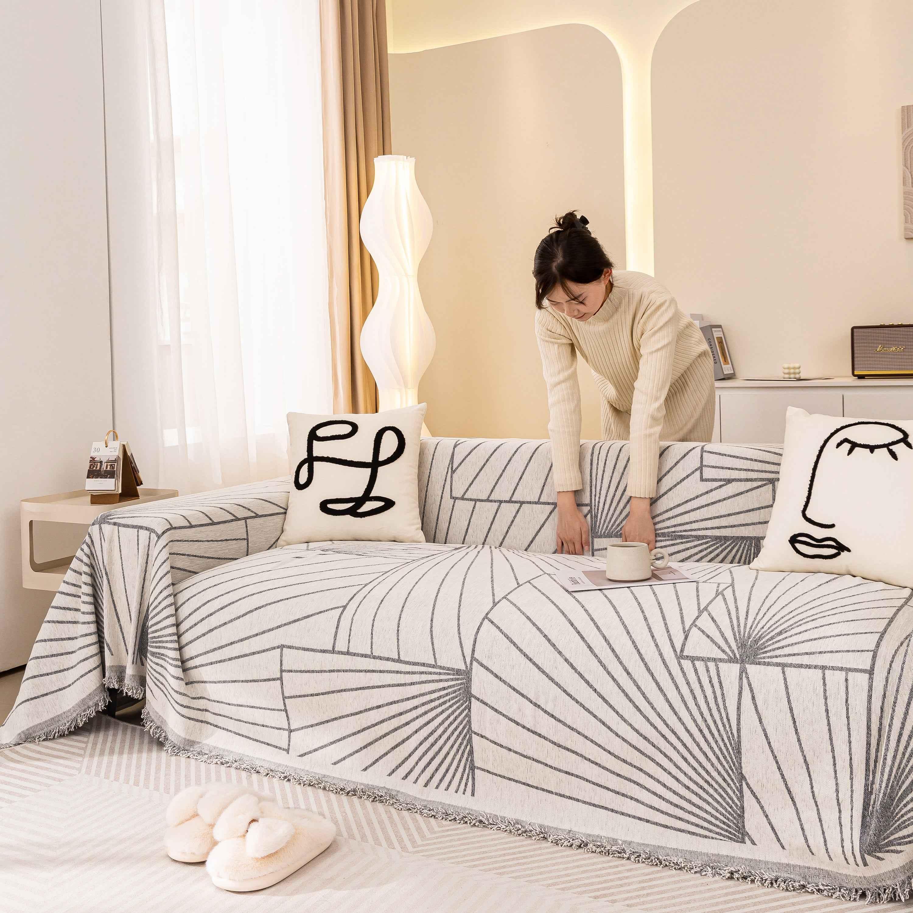 Modern Minimalist Chenille Line Pattern Sofa Cover, Dust and Scratch Resistant Throw Blankets for Couch - TaroTextile