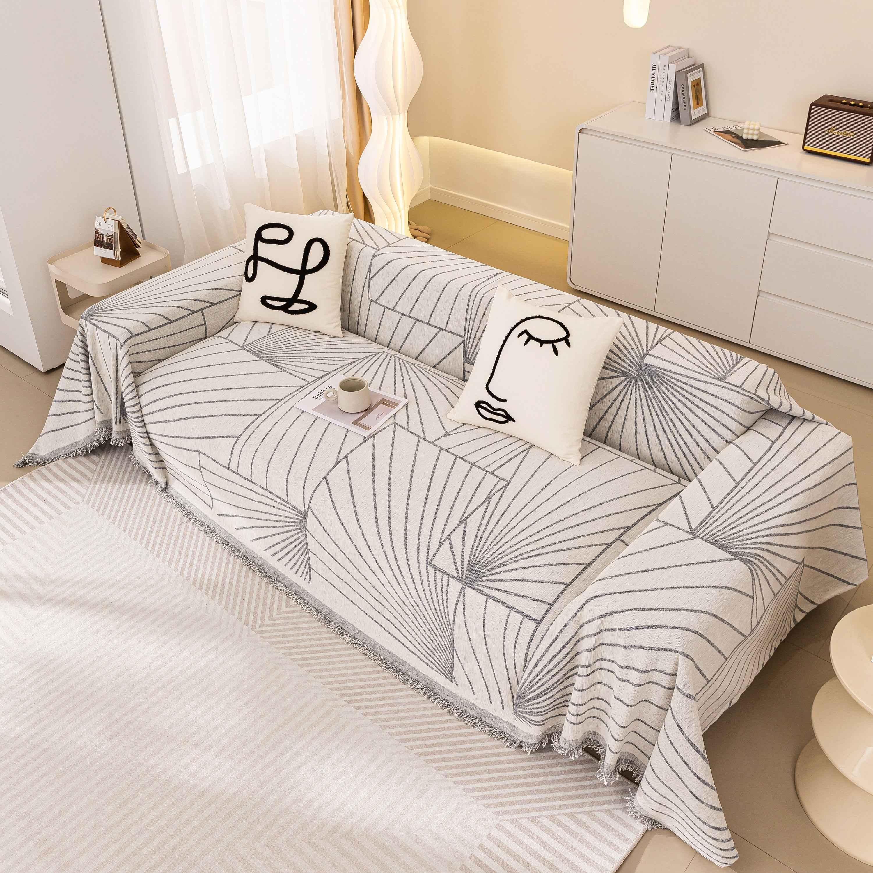 Modern Minimalist Chenille Line Pattern Sofa Cover, Dust and Scratch Resistant Throw Blankets for Couch - TaroTextile