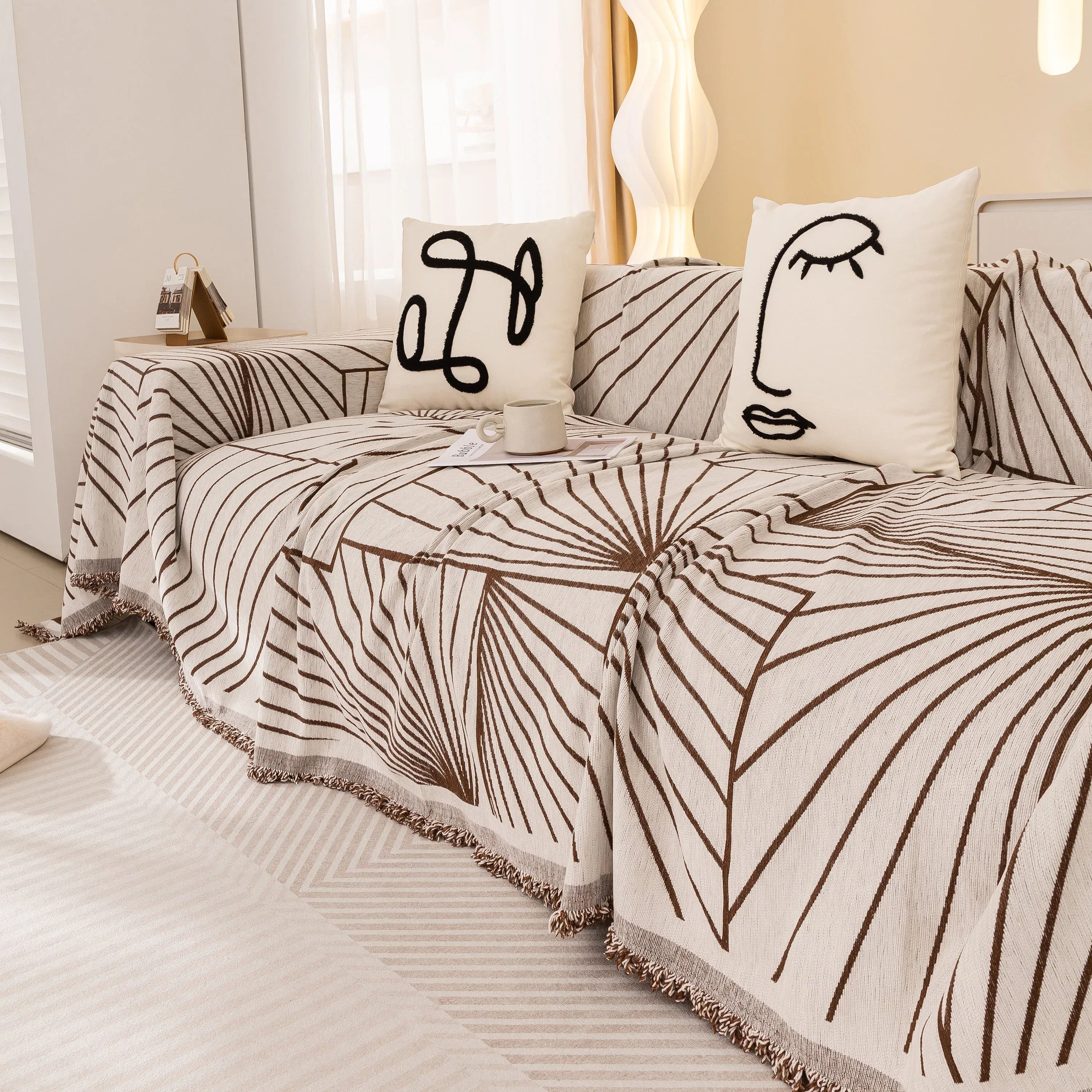 Modern Minimalist Chenille Line Pattern Sofa Cover, Dust and Scratch Resistant Throw Blankets for Couch - TaroTextile