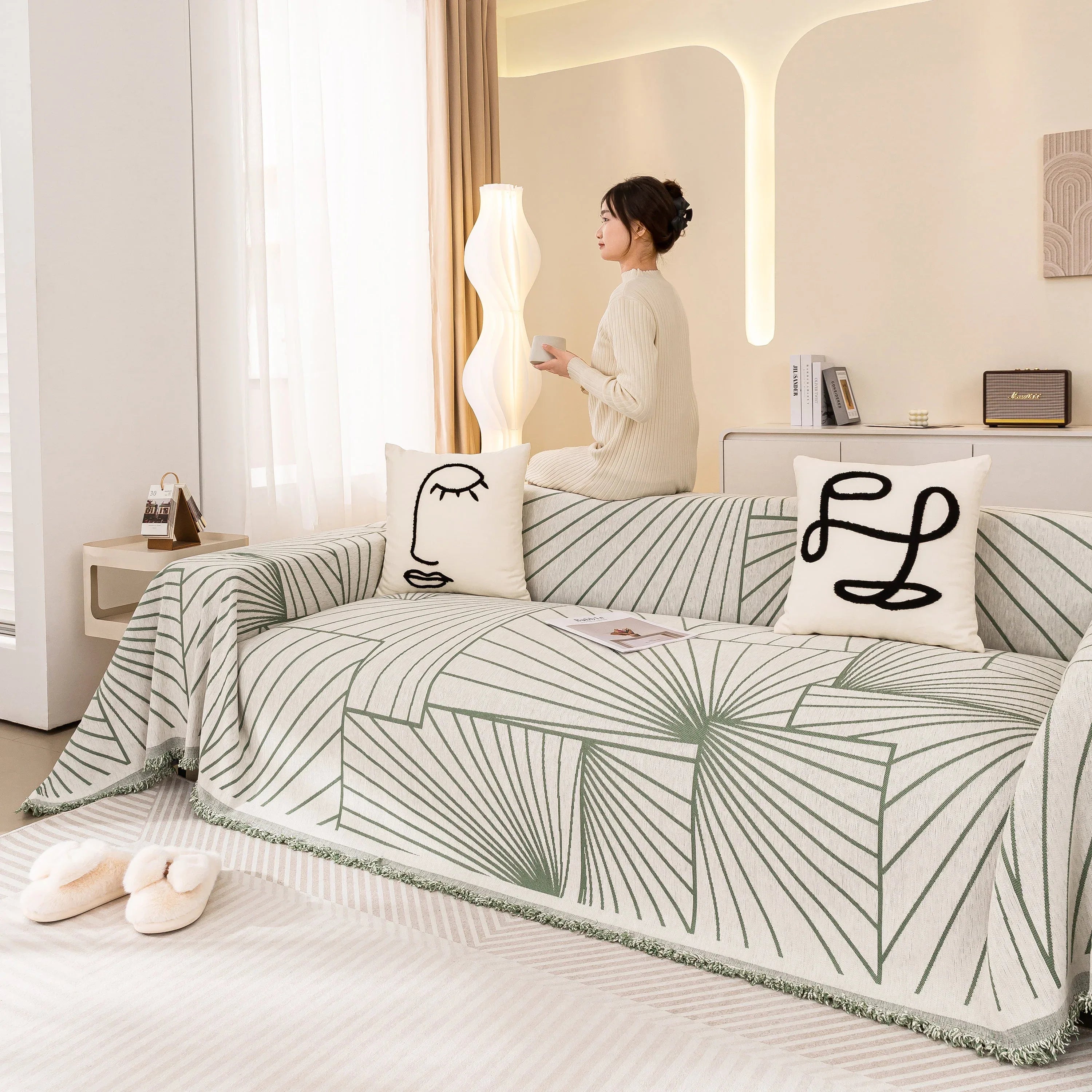 Modern Minimalist Chenille Line Pattern Sofa Cover, Dust and Scratch Resistant Throw Blankets for Couch - TaroTextile