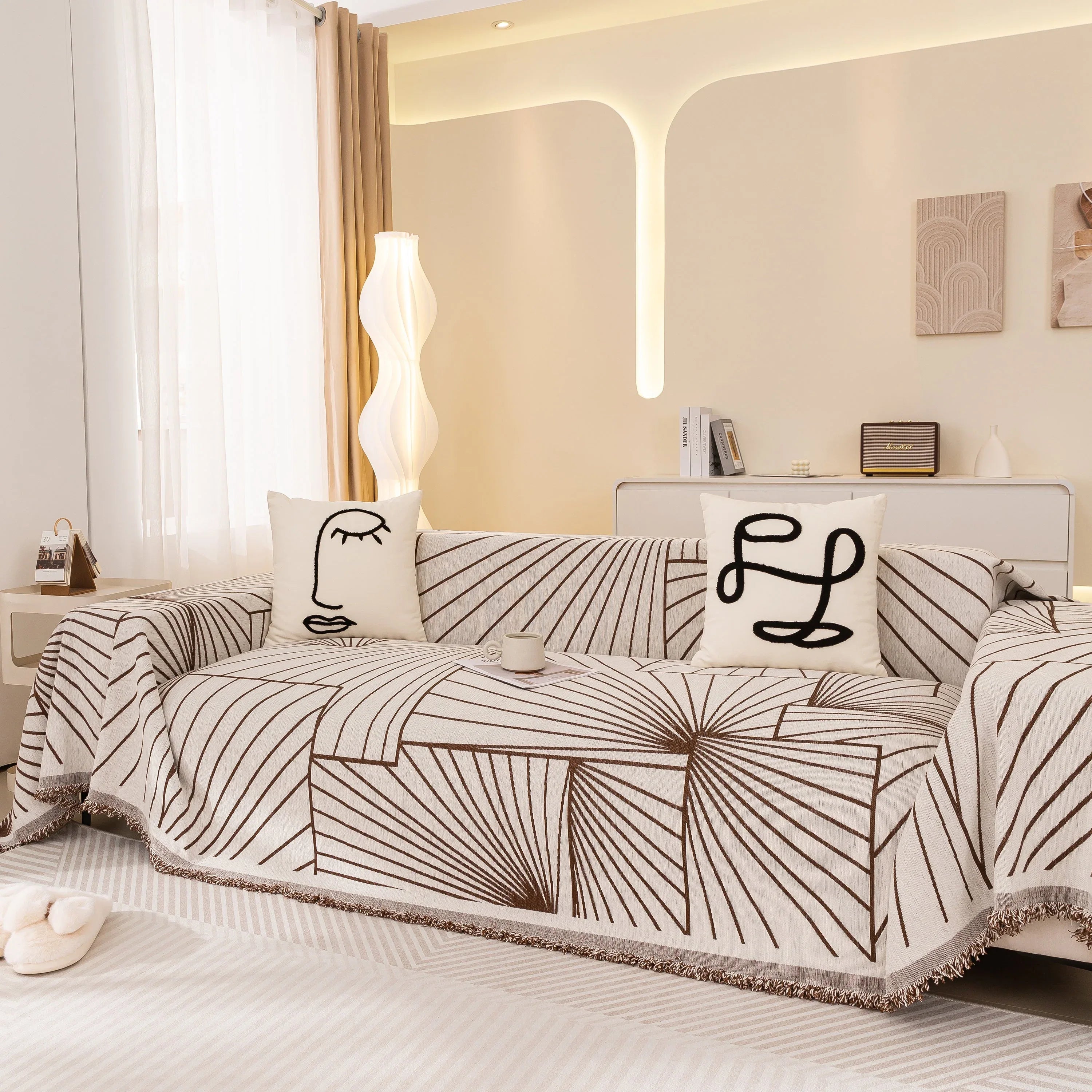 Modern Minimalist Chenille Line Pattern Sofa Cover, Dust and Scratch Resistant Throw Blankets for Couch - TaroTextile