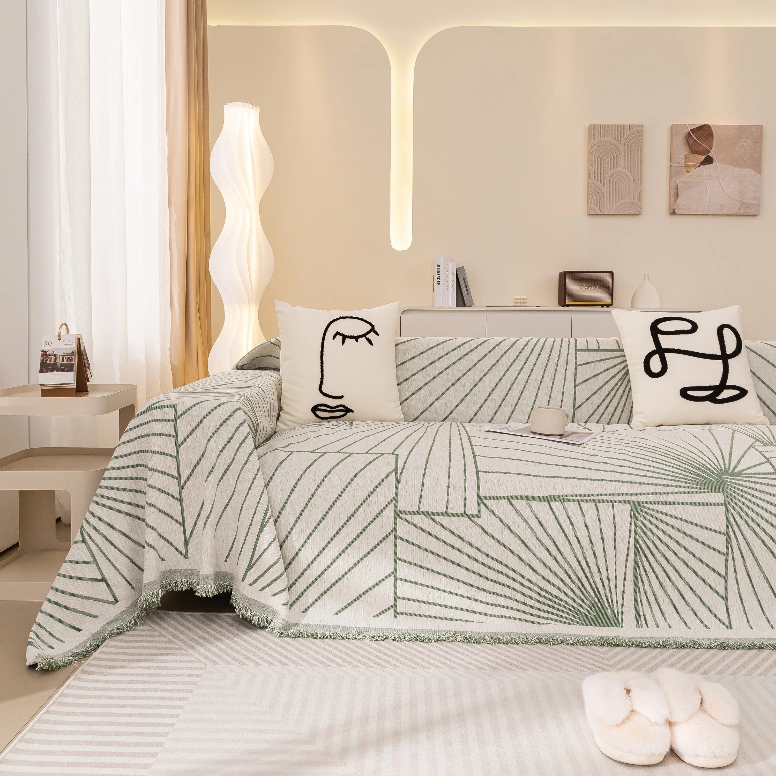 Modern Minimalist Chenille Line Pattern Sofa Cover, Dust and Scratch Resistant Throw Blankets for Couch - TaroTextile