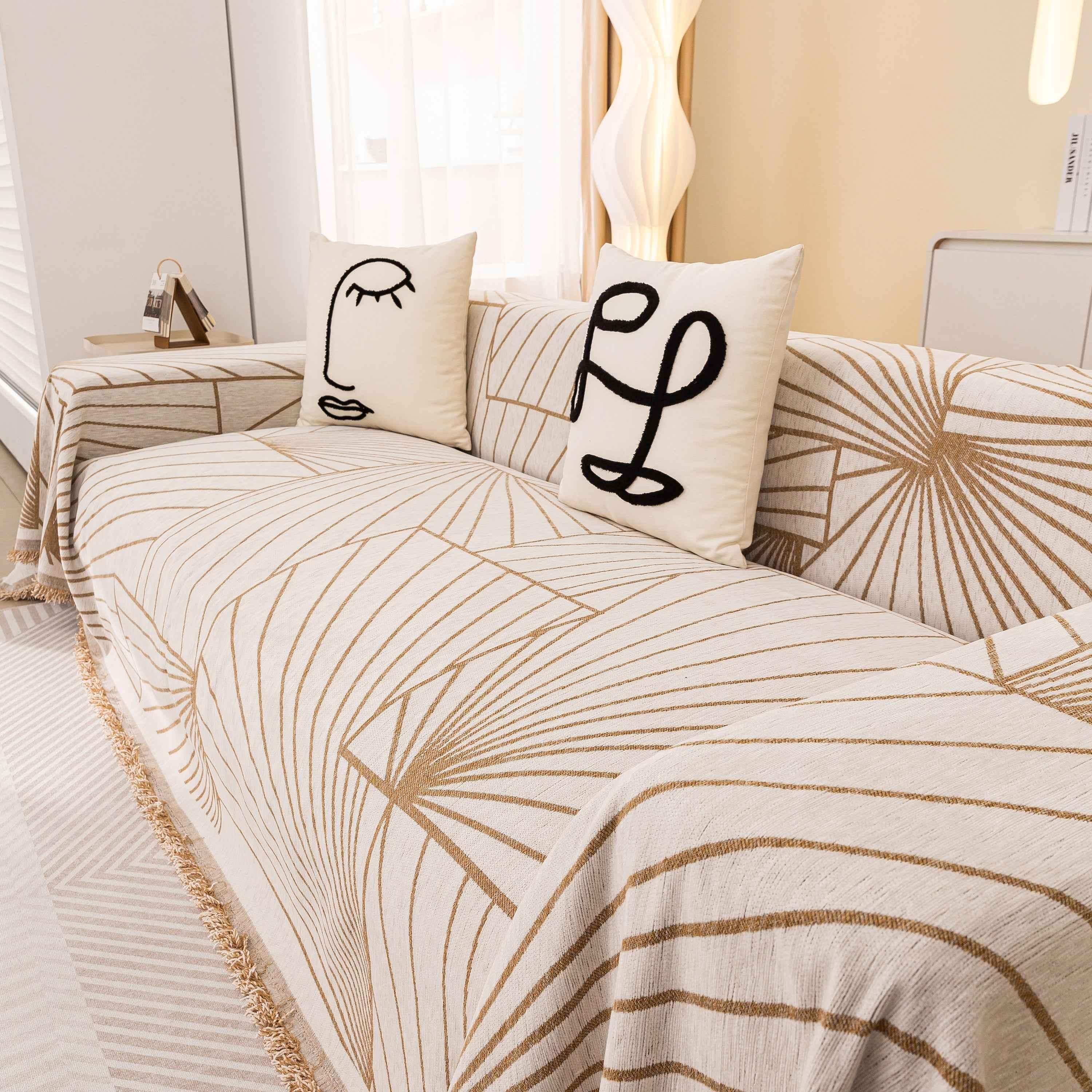 Modern Minimalist Chenille Line Pattern Sofa Cover, Dust and Scratch Resistant Throw Blankets for Couch - TaroTextile