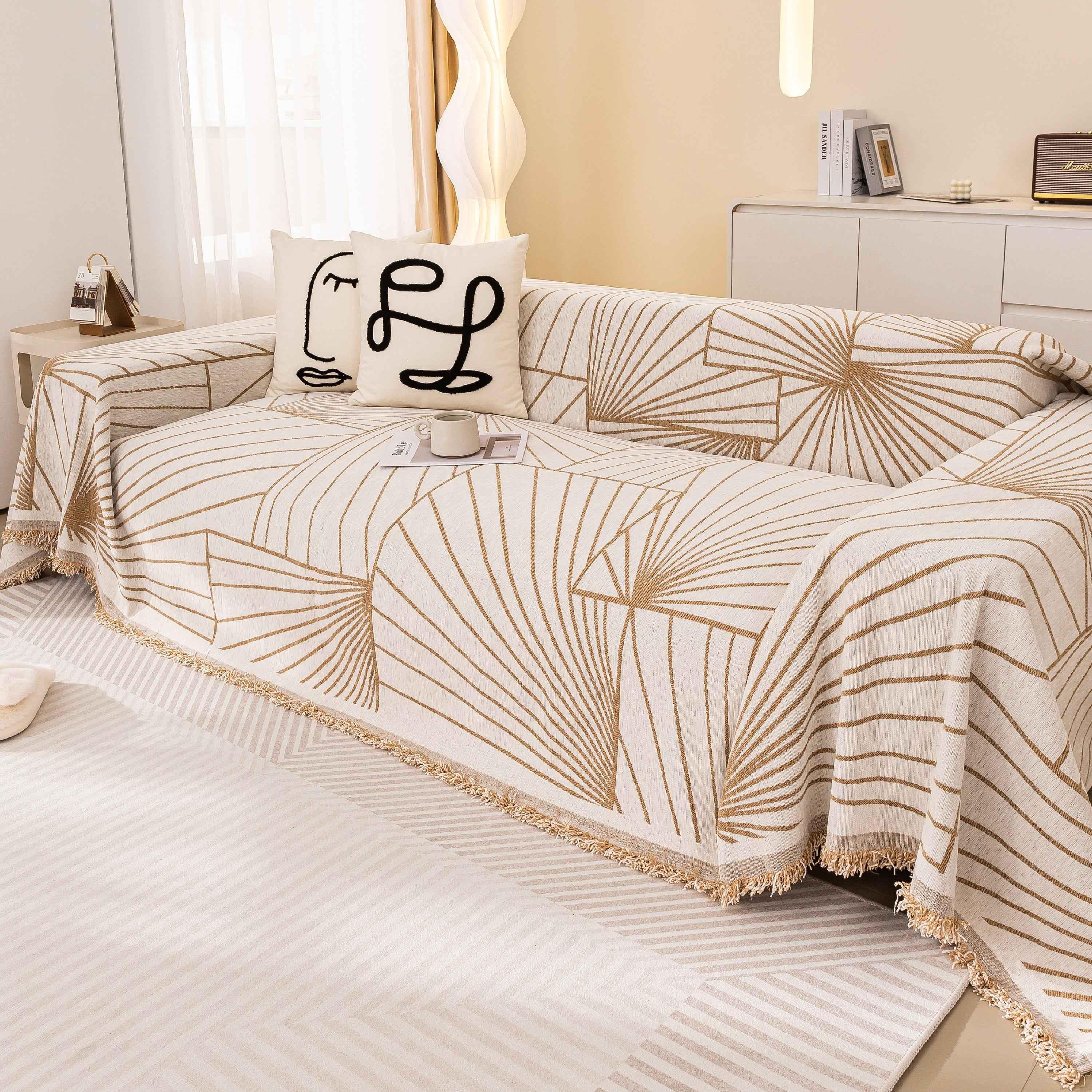 Modern Minimalist Chenille Line Pattern Sofa Cover, Dust and Scratch Resistant Throw Blankets for Couch - TaroTextile