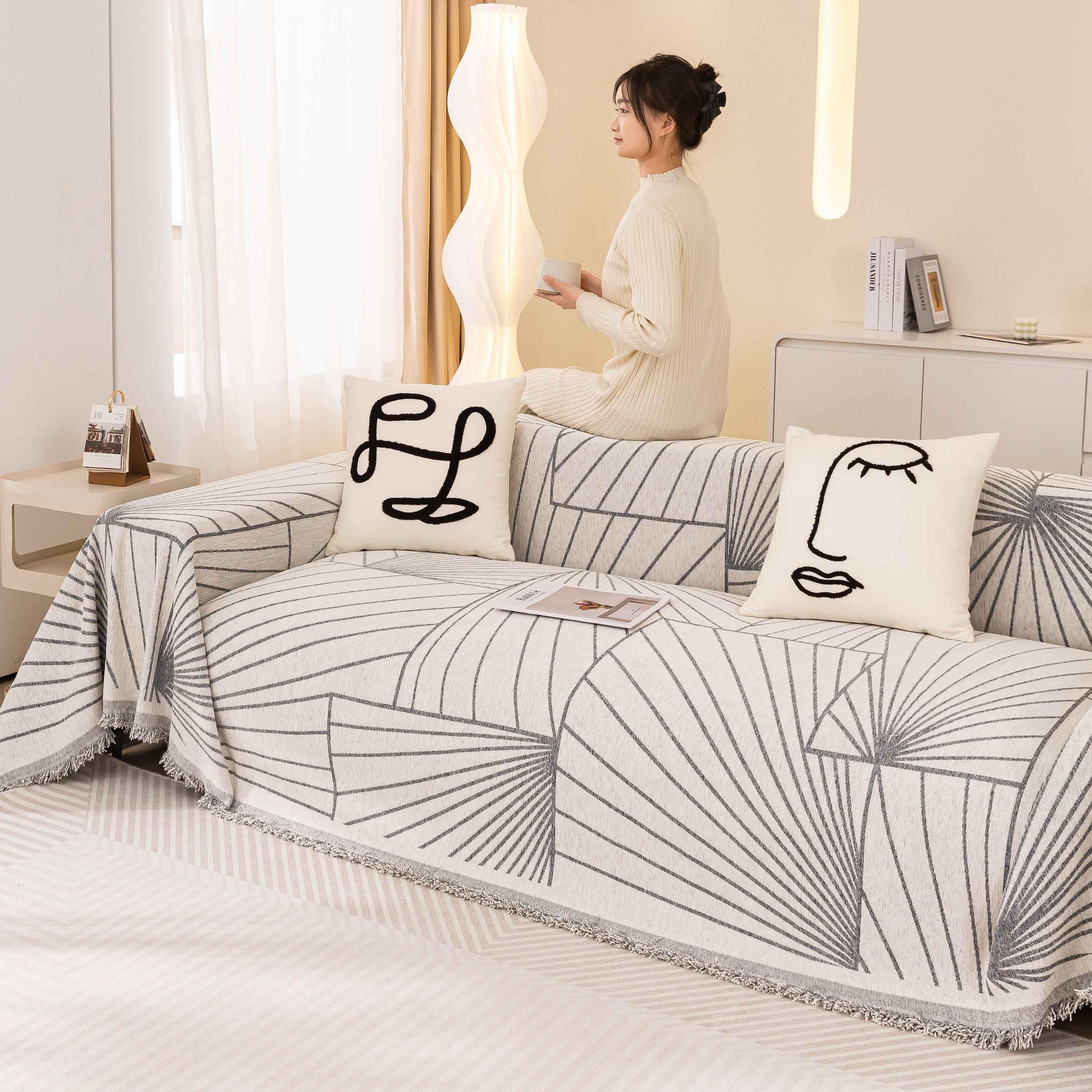 Modern Minimalist Chenille Line Pattern Sofa Cover, Dust and Scratch Resistant Throw Blankets for Couch - TaroTextile