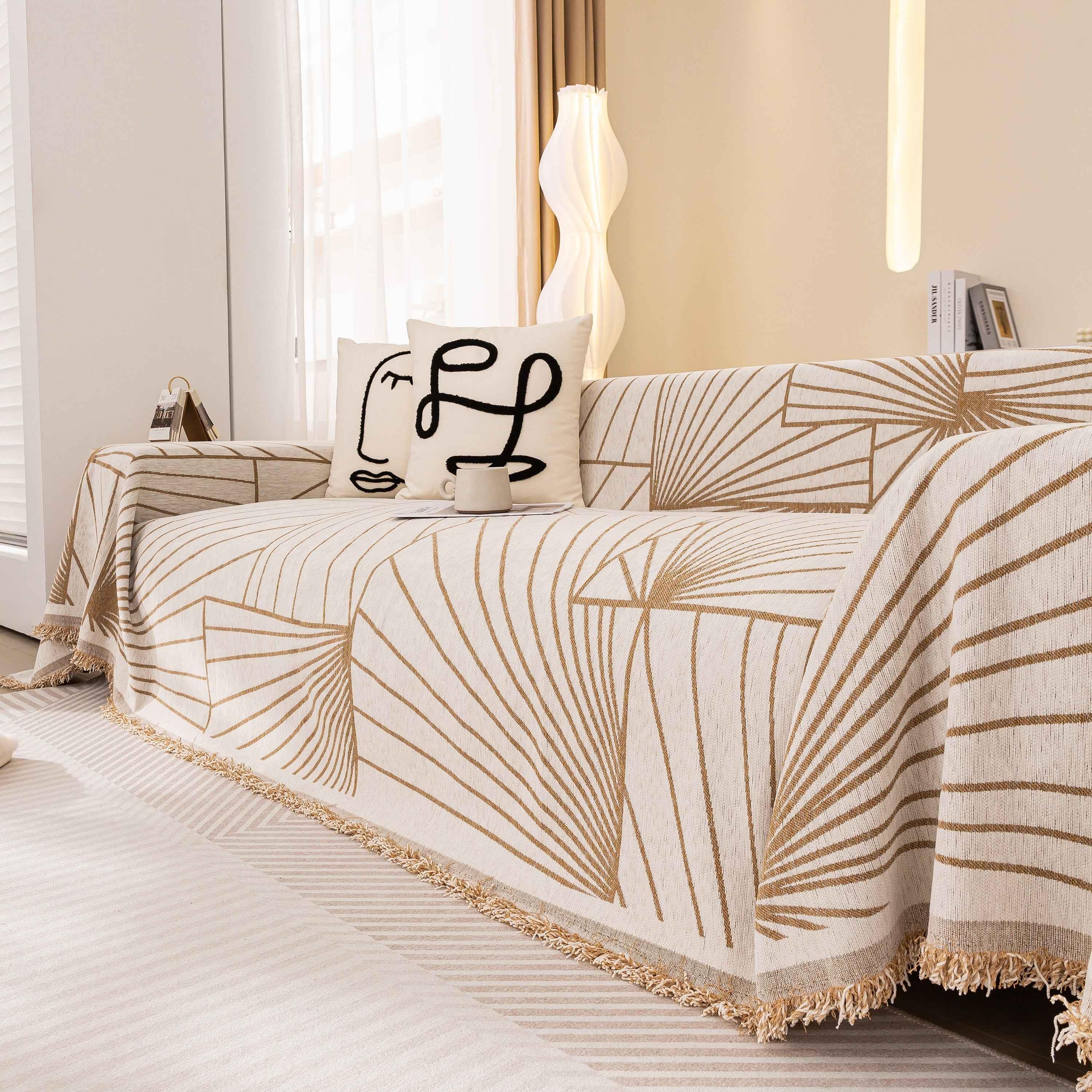 Modern Minimalist Chenille Line Pattern Sofa Cover, Dust and Scratch Resistant Throw Blankets for Couch - TaroTextile
