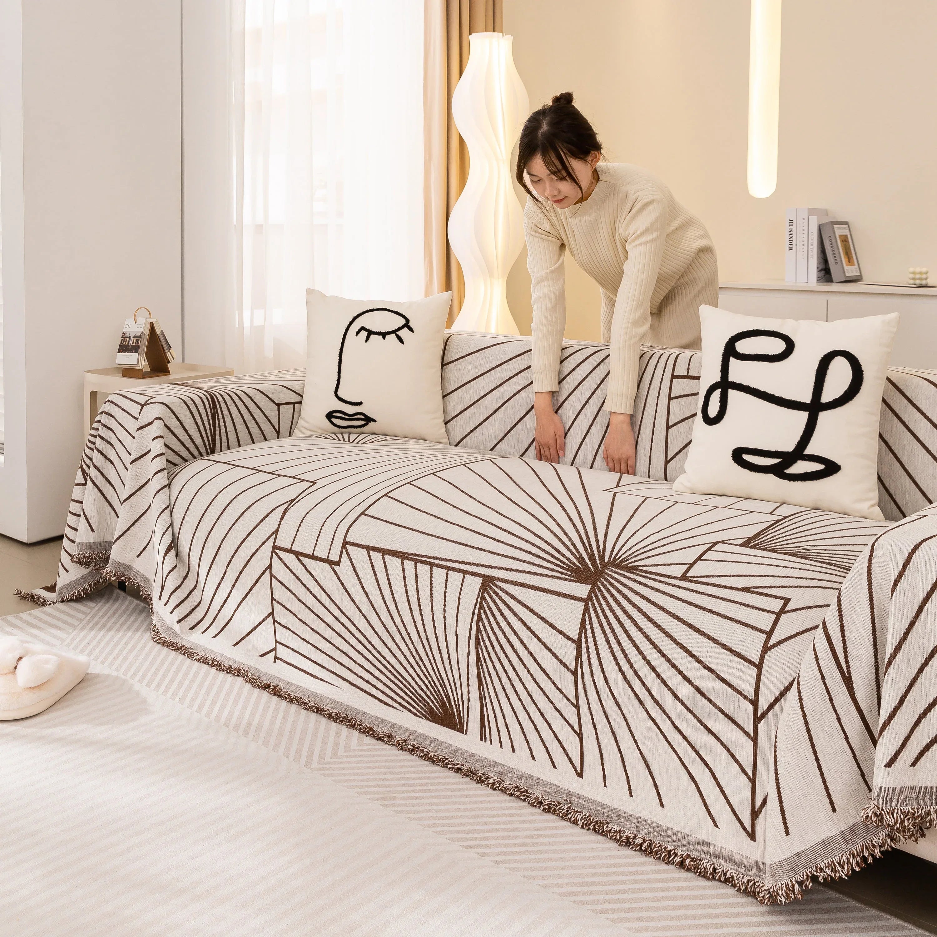 Modern Minimalist Chenille Line Pattern Sofa Cover, Dust and Scratch Resistant Throw Blankets for Couch - TaroTextile