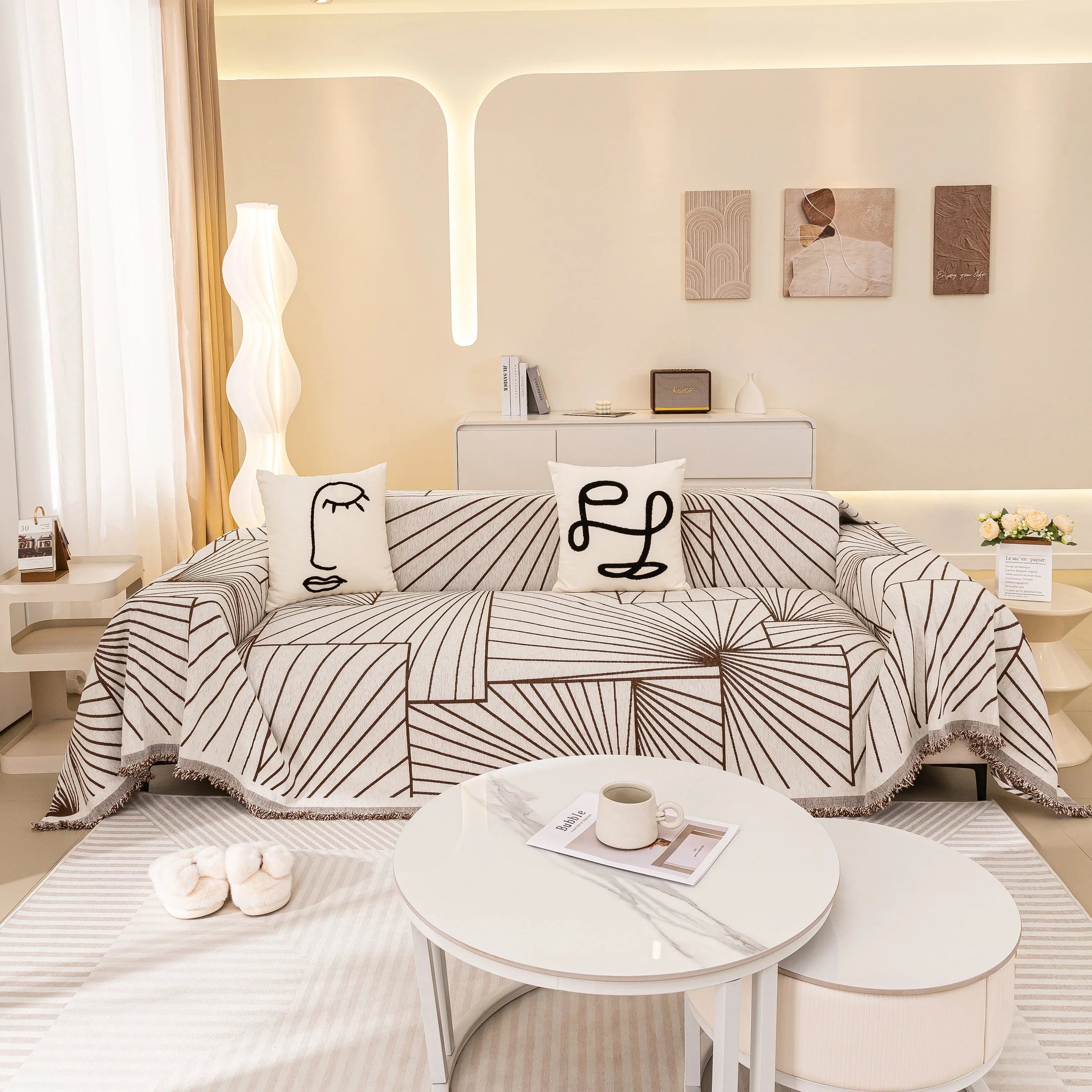 Modern Minimalist Chenille Line Pattern Sofa Cover, Dust and Scratch Resistant Throw Blankets for Couch - TaroTextile