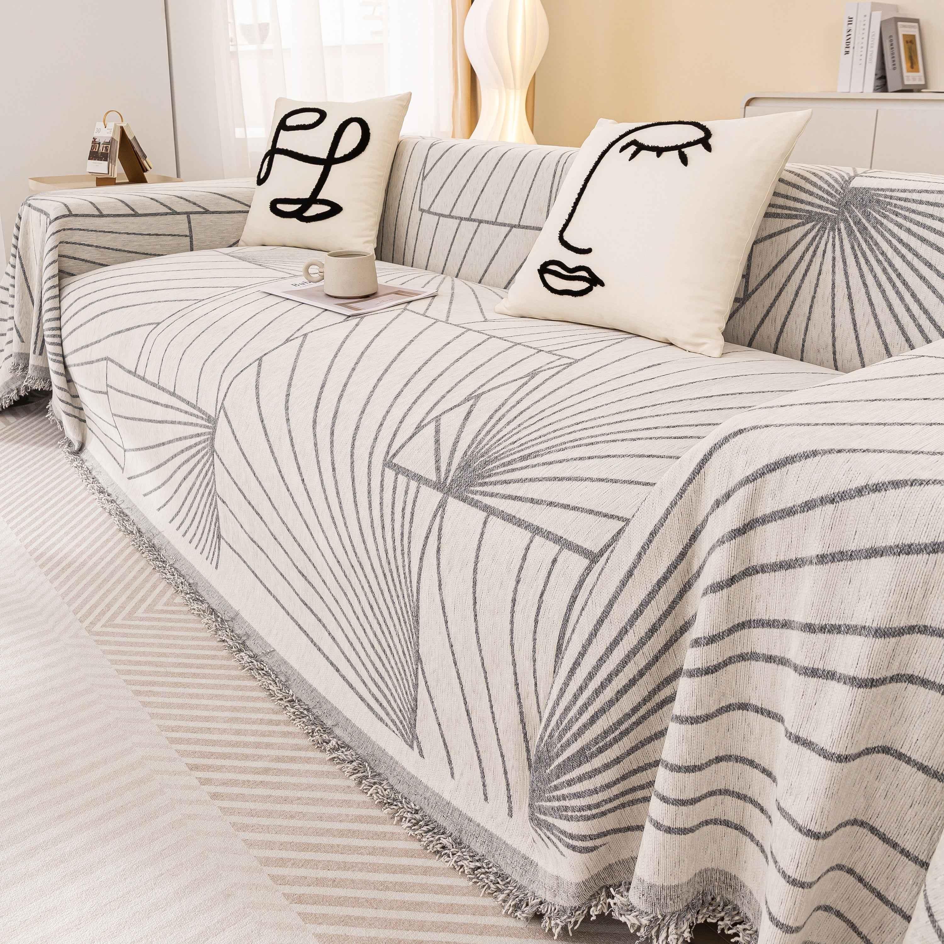 Modern Minimalist Chenille Line Pattern Sofa Cover, Dust and Scratch Resistant Throw Blankets for Couch - TaroTextile