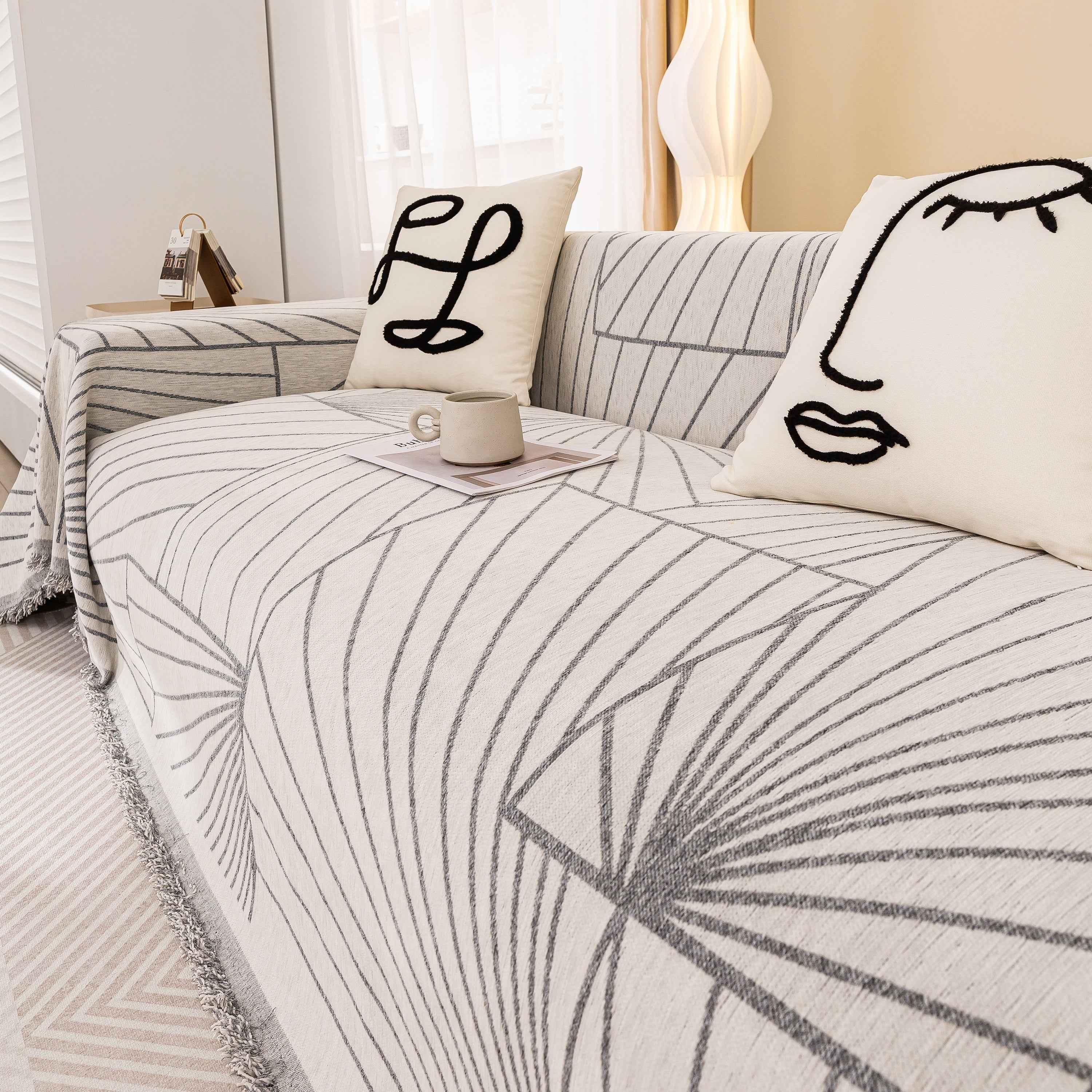 Modern Minimalist Chenille Line Pattern Sofa Cover, Dust and Scratch Resistant Throw Blankets for Couch - TaroTextile