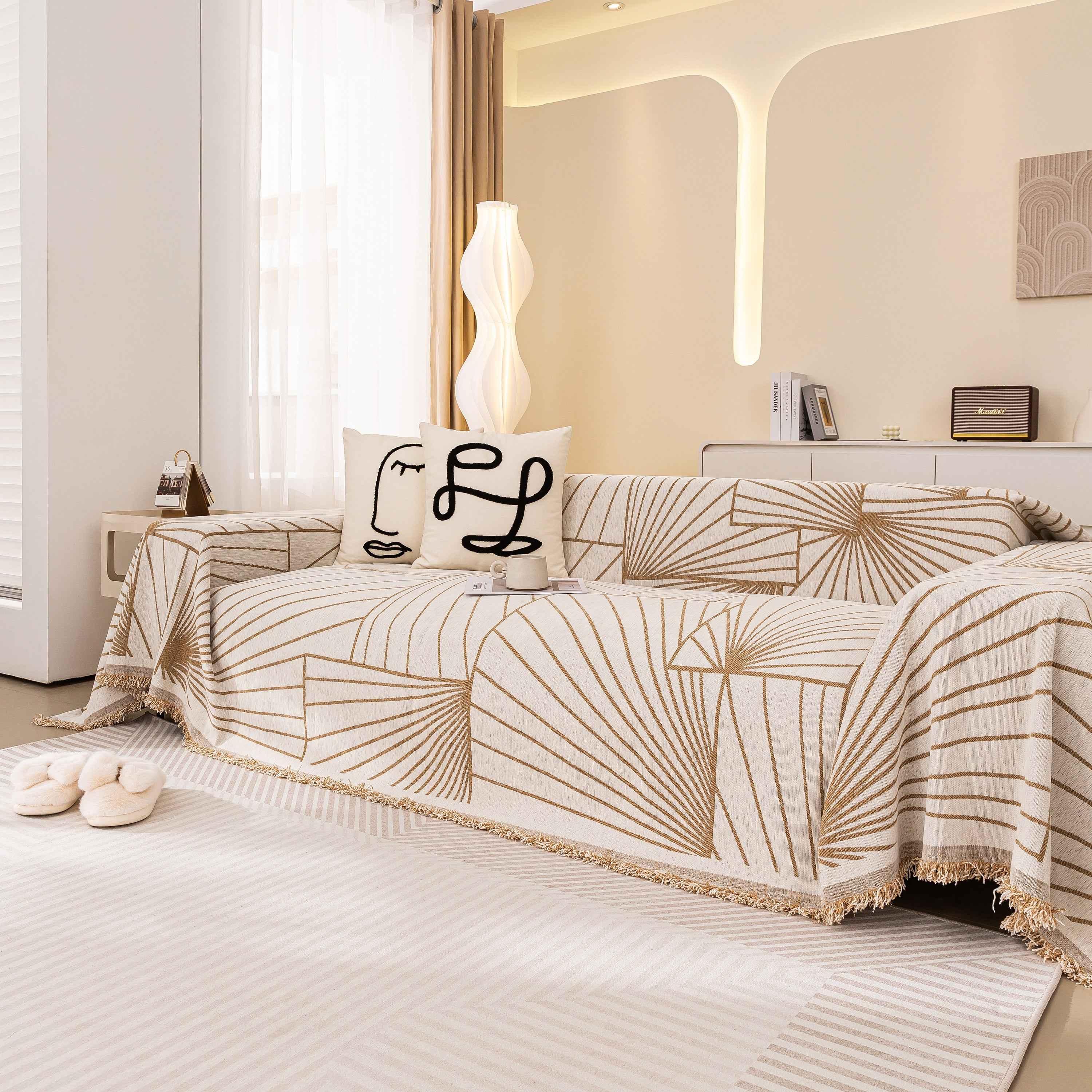 Modern Minimalist Chenille Line Pattern Sofa Cover, Dust and Scratch Resistant Throw Blankets for Couch - TaroTextile
