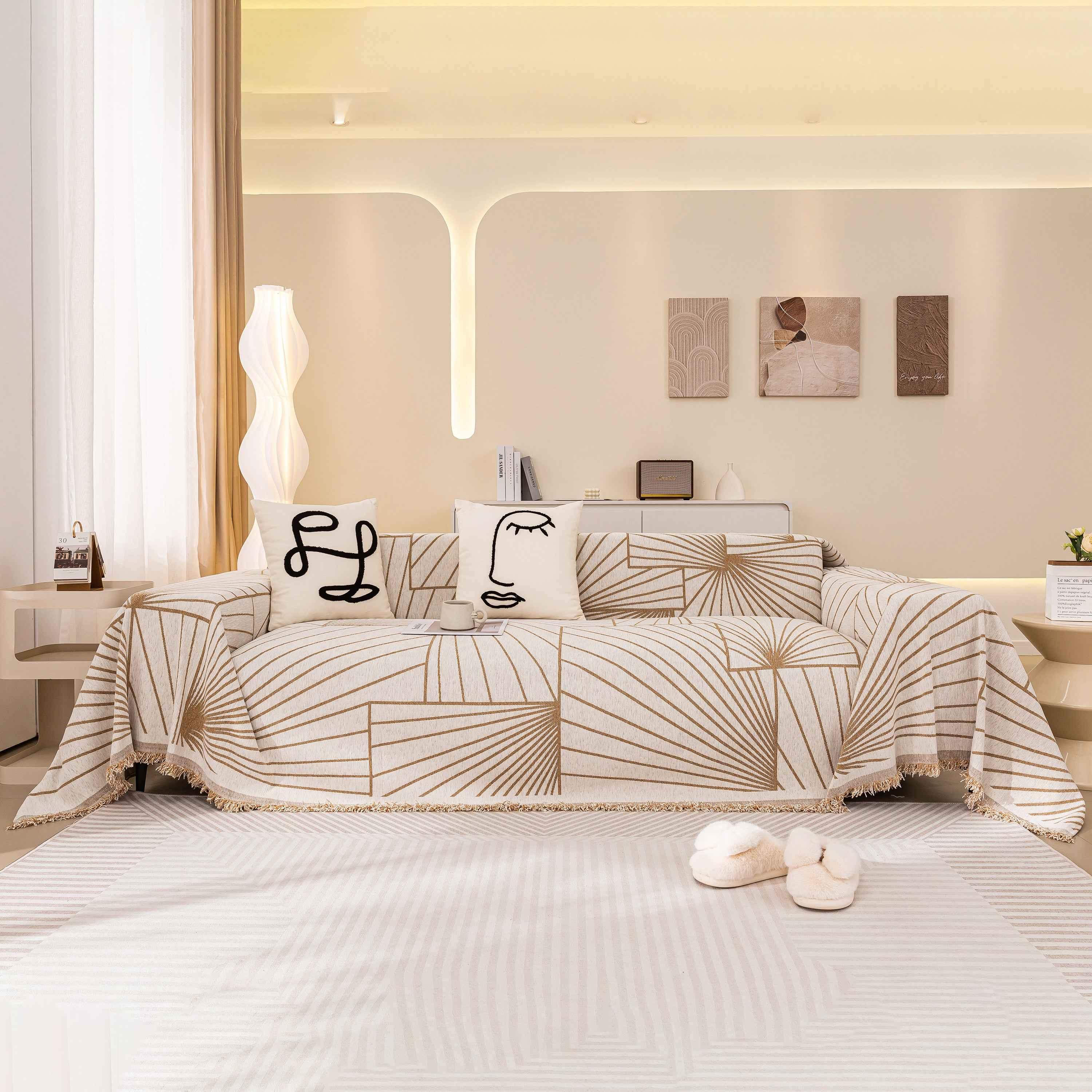 Modern Minimalist Chenille Line Pattern Sofa Cover, Dust and Scratch Resistant Throw Blankets for Couch - TaroTextile
