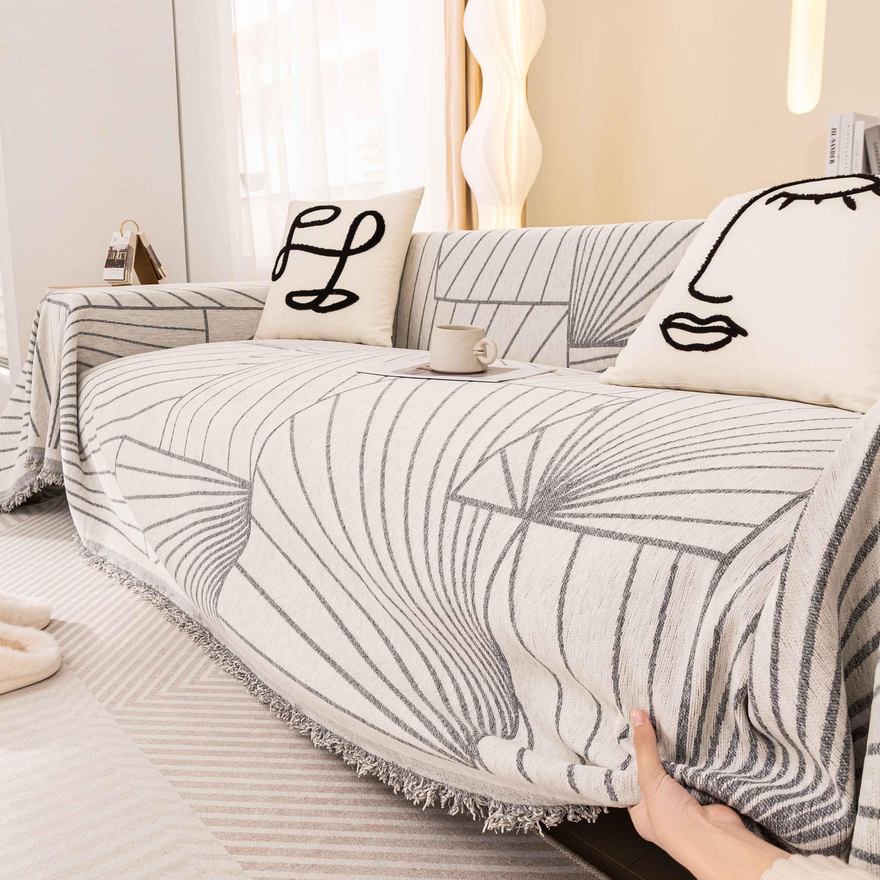 Modern Minimalist Chenille Line Pattern Sofa Cover, Dust and Scratch Resistant Throw Blankets for Couch - TaroTextile