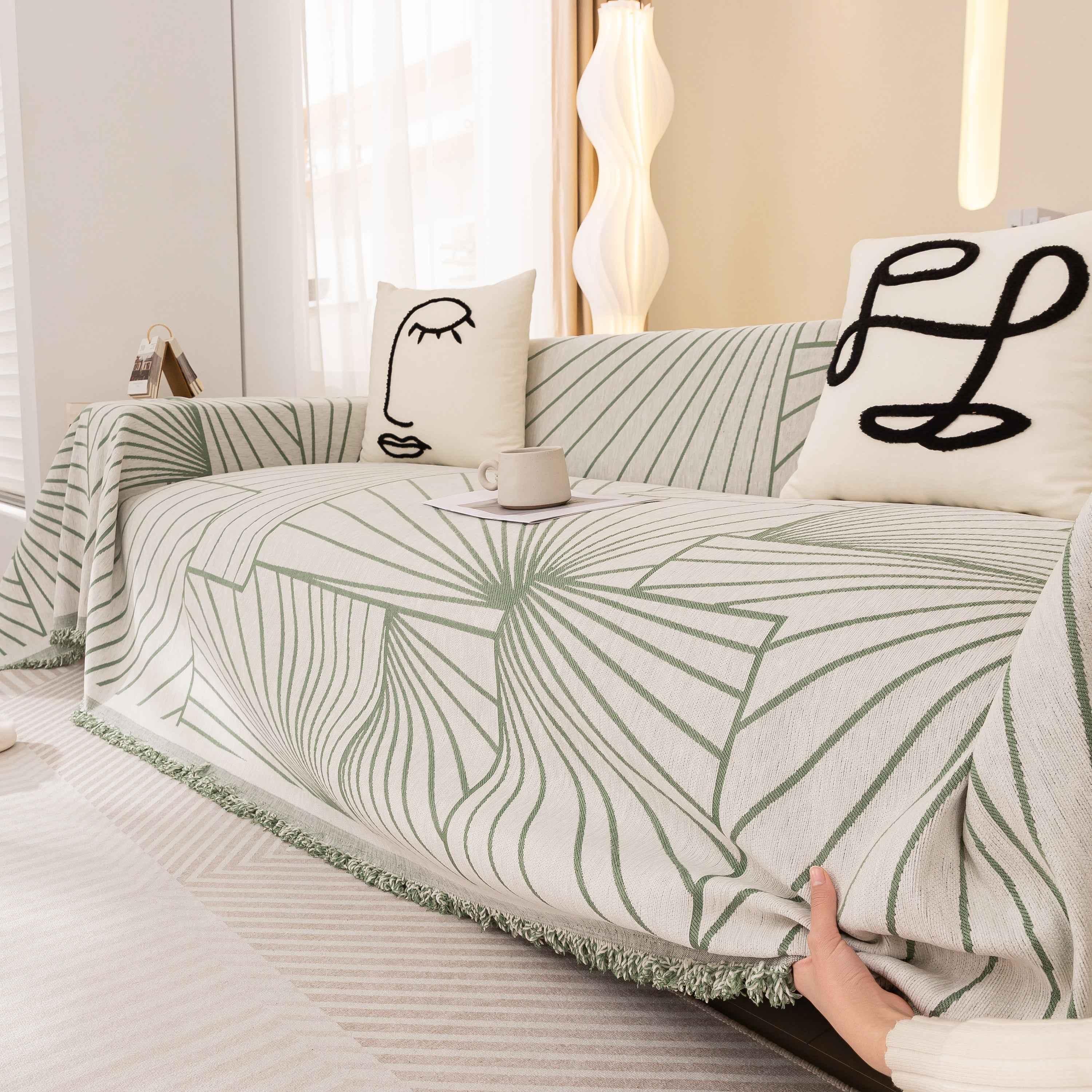 Modern Minimalist Chenille Line Pattern Sofa Cover, Dust and Scratch Resistant Throw Blankets for Couch - TaroTextile