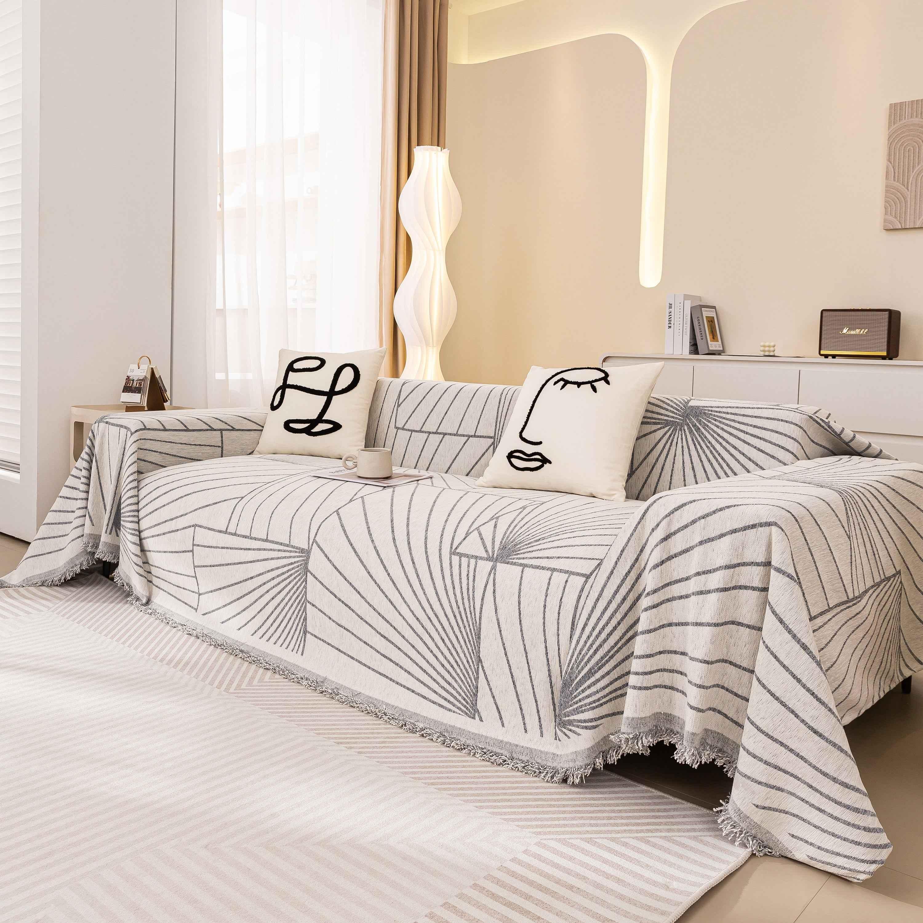 Modern Minimalist Chenille Line Pattern Sofa Cover, Dust and Scratch Resistant Throw Blankets for Couch - TaroTextile