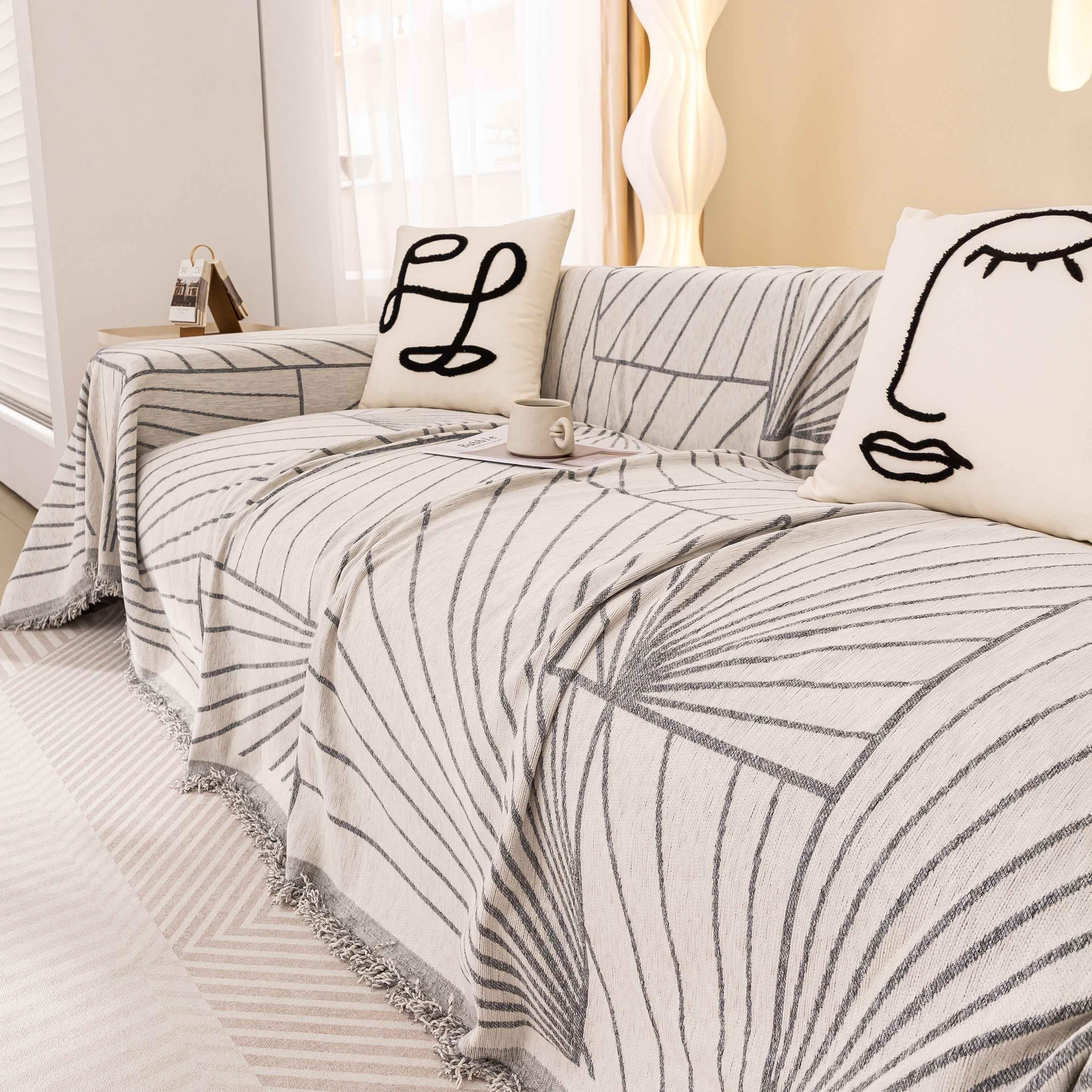 Modern Minimalist Chenille Line Pattern Sofa Cover, Dust and Scratch Resistant Throw Blankets for Couch - TaroTextile