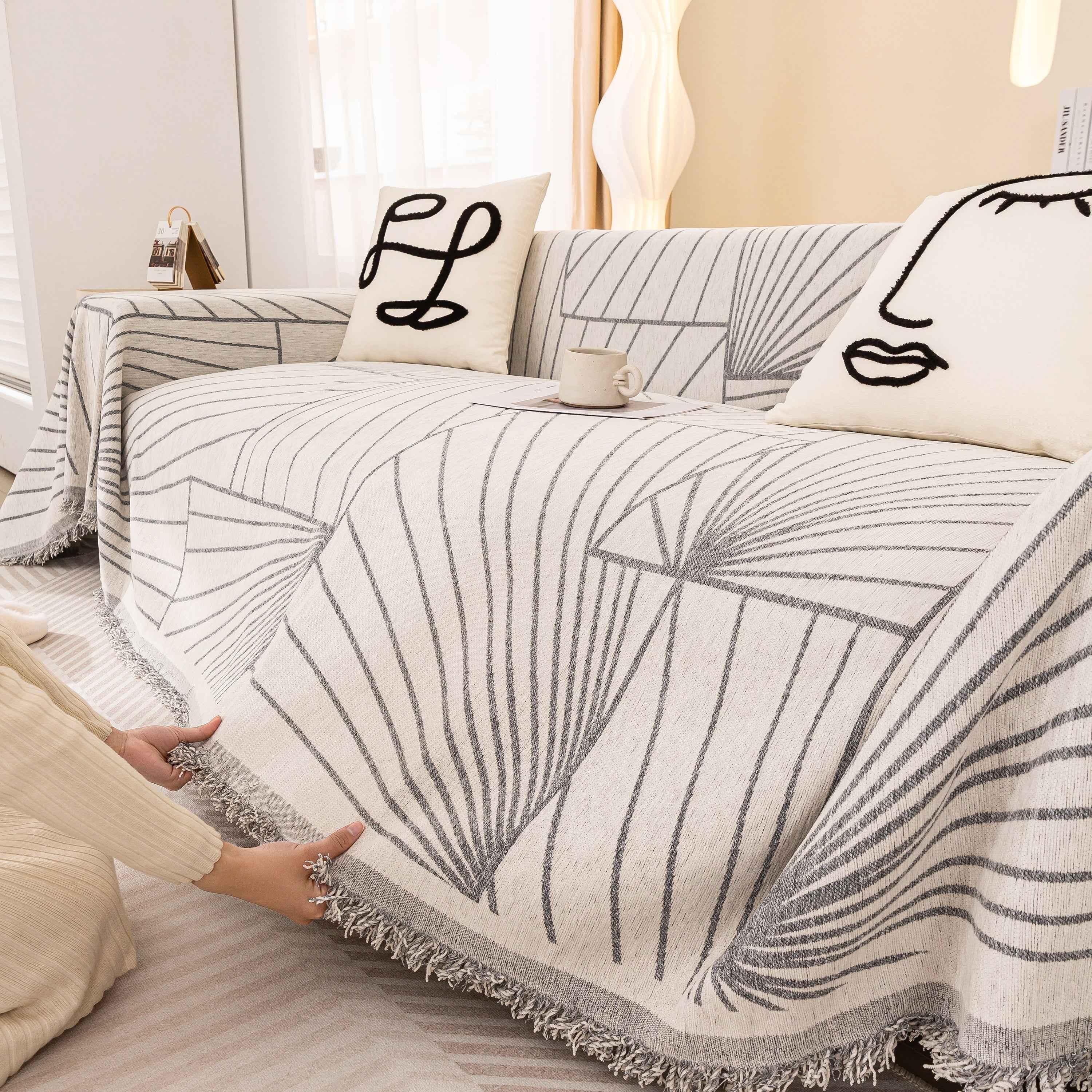 Modern Minimalist Chenille Line Pattern Sofa Cover, Dust and Scratch Resistant Throw Blankets for Couch - TaroTextile
