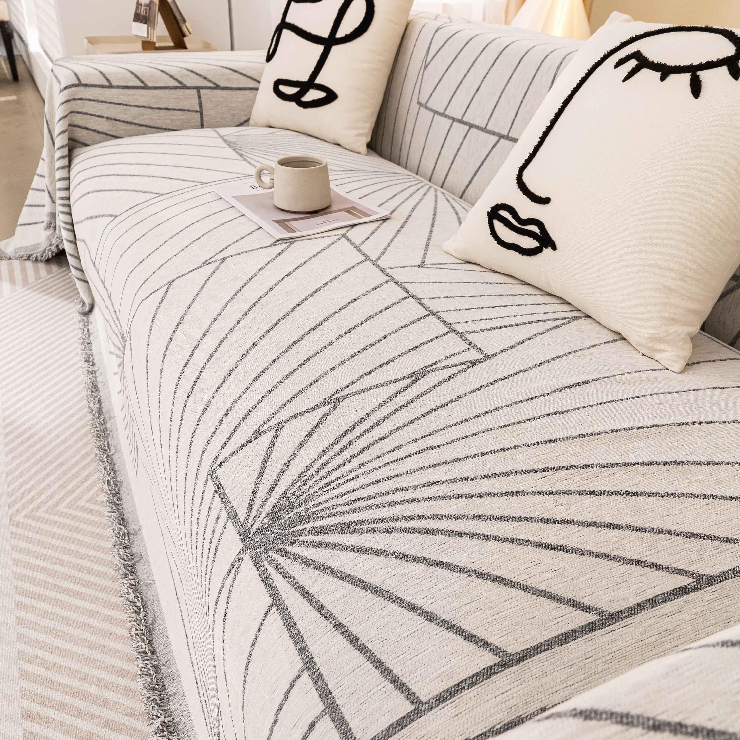 Modern Minimalist Chenille Line Pattern Sofa Cover, Dust and Scratch Resistant Throw Blankets for Couch - TaroTextile