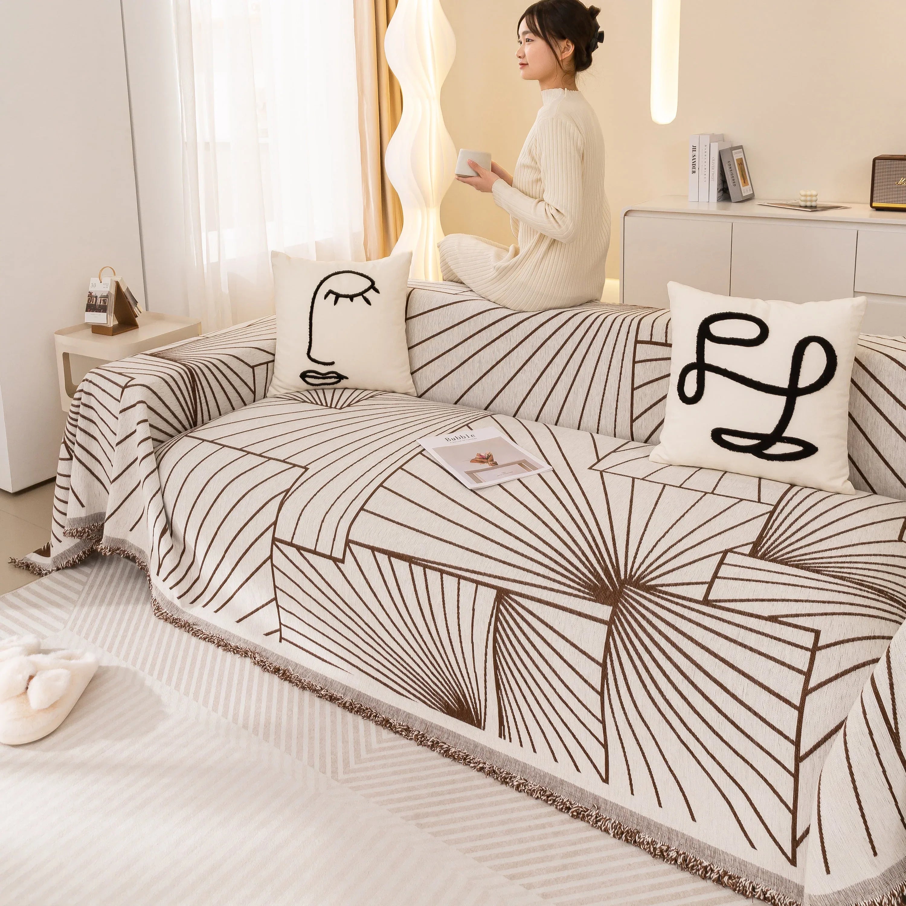 Modern Minimalist Chenille Line Pattern Sofa Cover, Dust and Scratch Resistant Throw Blankets for Couch - TaroTextile