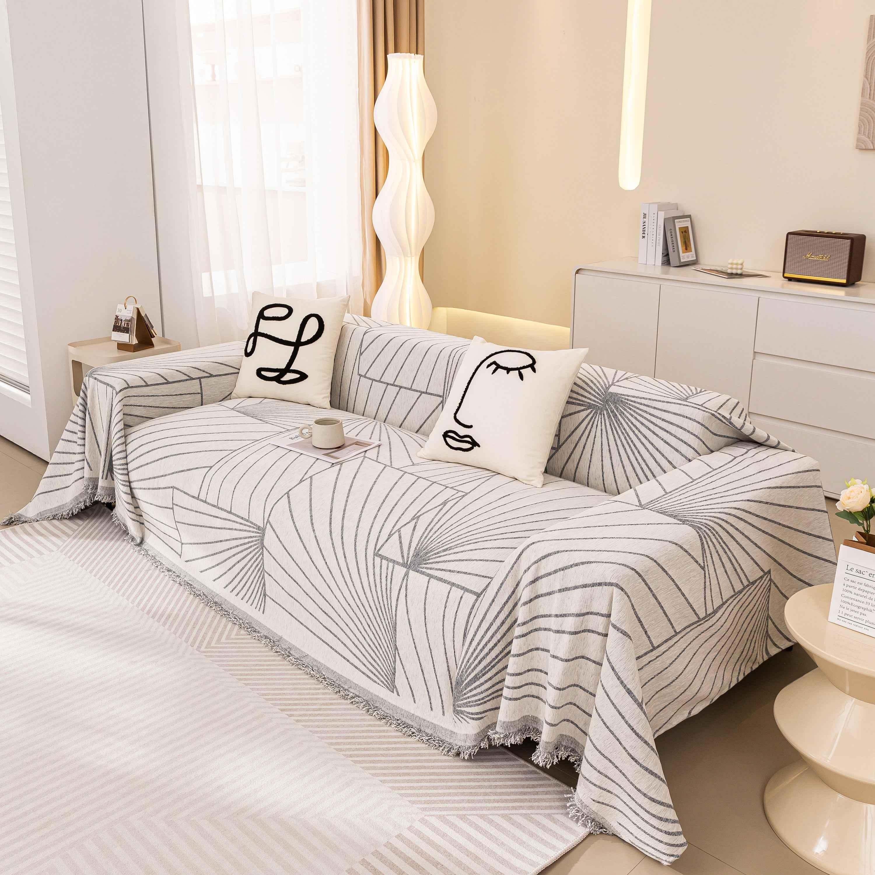 Modern Minimalist Chenille Line Pattern Sofa Cover, Dust and Scratch Resistant Throw Blankets for Couch - TaroTextile