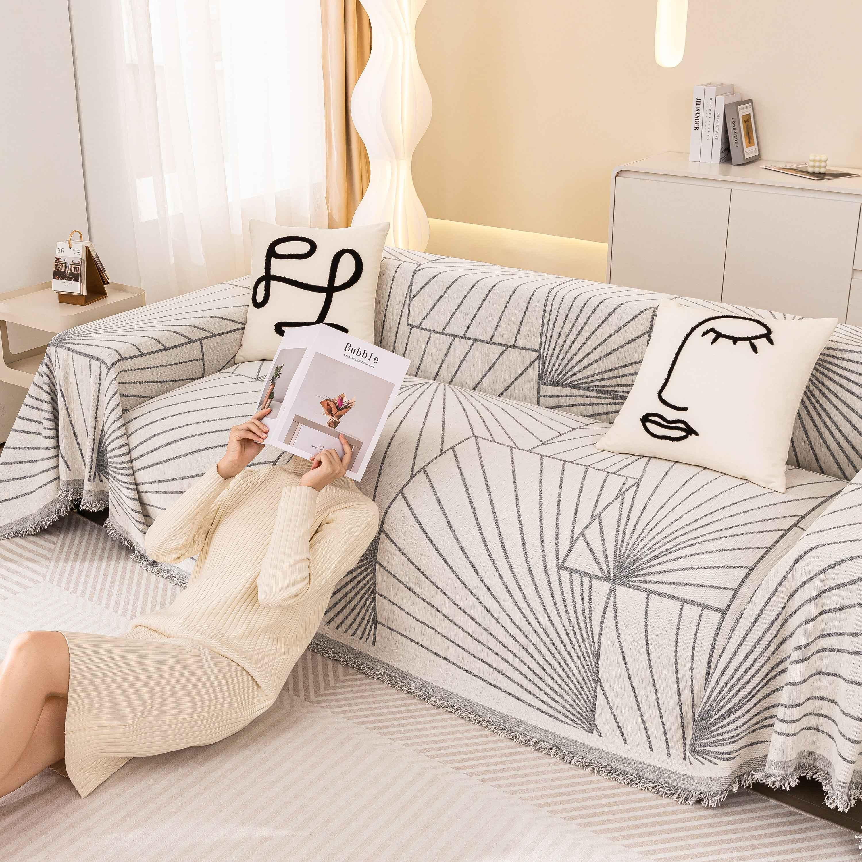 Modern Minimalist Chenille Line Pattern Sofa Cover, Dust and Scratch Resistant Throw Blankets for Couch - TaroTextile