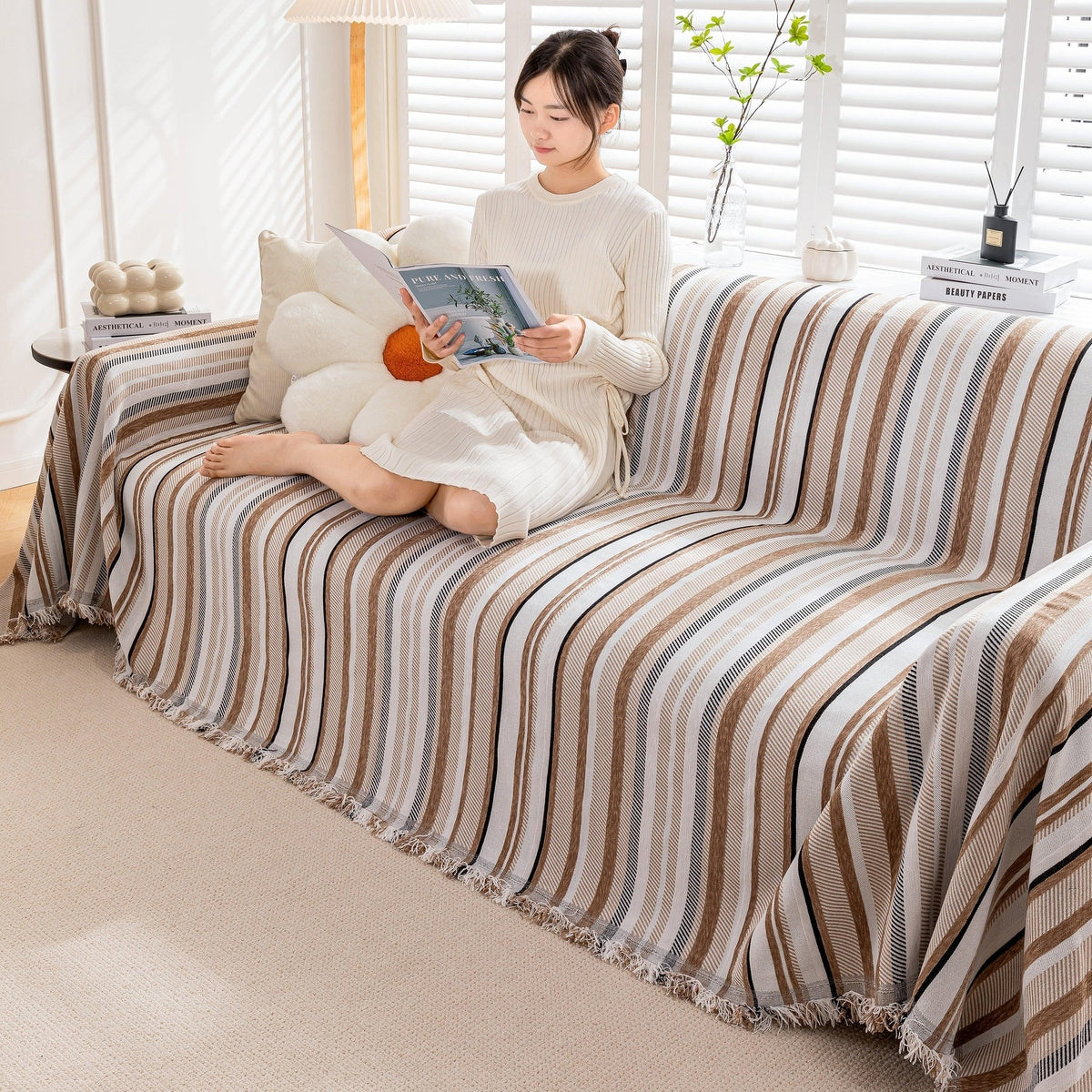 Modern Minimalist Sofa Throw Cover Cotton Knit Throws for Couch Scratch Proof Couch Cover - TaroTextile