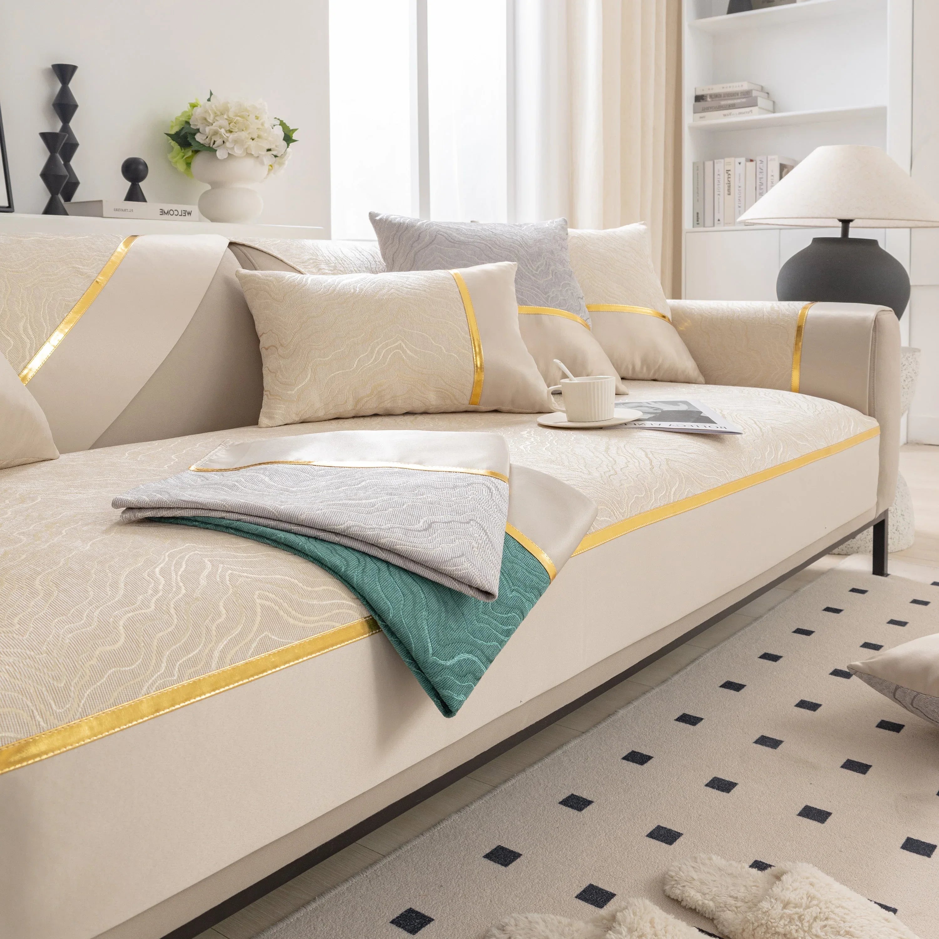 Modular Sofa Cover for Sectionals, Gold Striped Non-Slip Couch Protector - TaroTextile