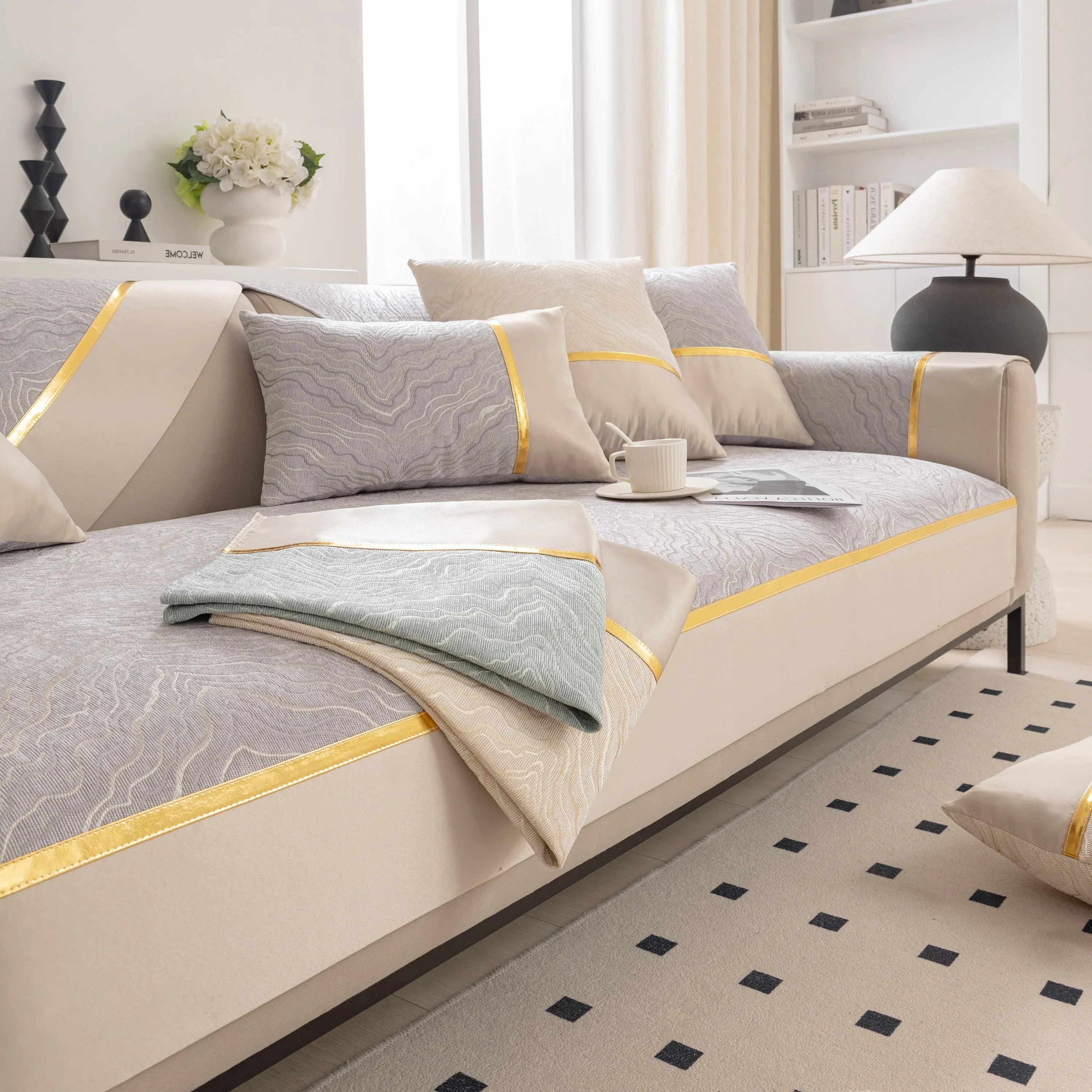 Modular Sofa Cover for Sectionals, Gold Striped Non-Slip Couch Protector - TaroTextile