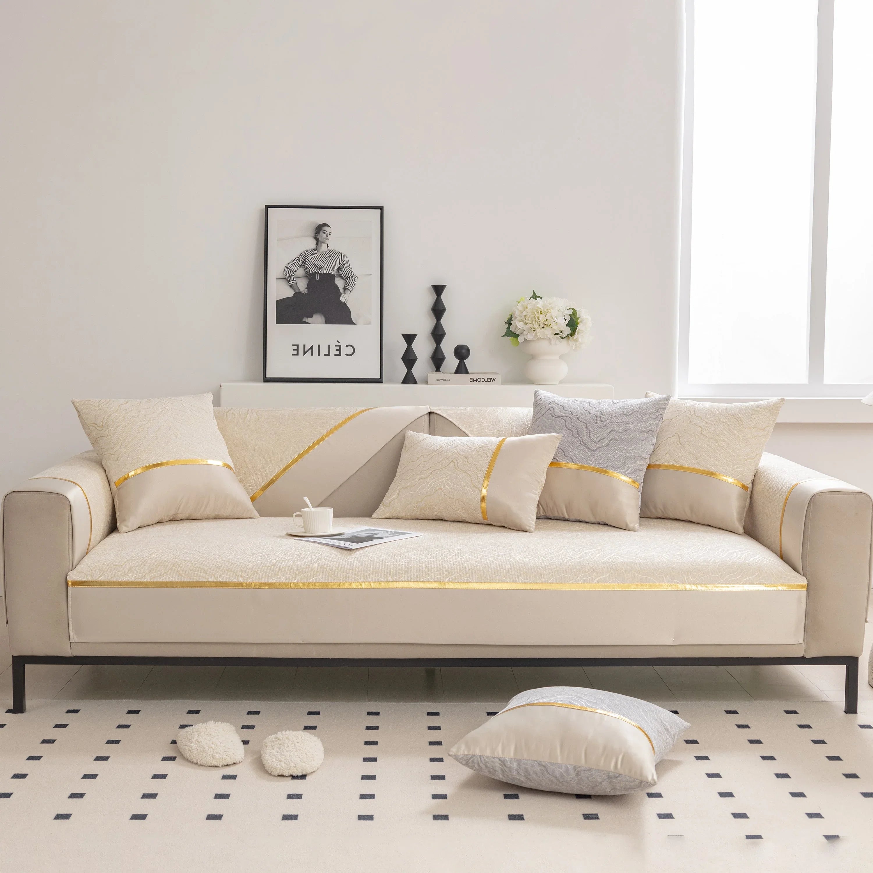 Modular Sofa Cover for Sectionals, Gold Striped Non-Slip Couch Protector - TaroTextile