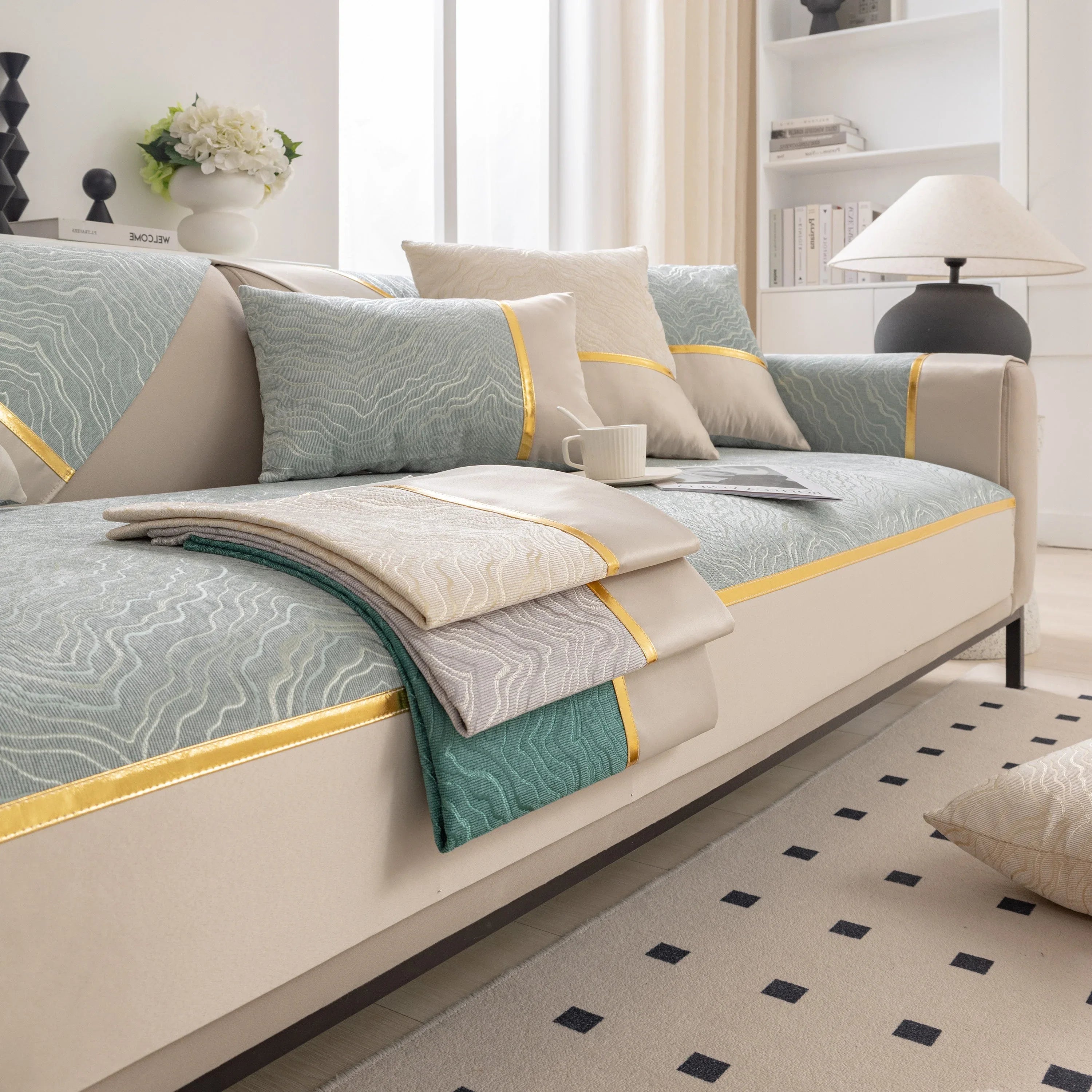 Modular Sofa Cover for Sectionals, Gold Striped Non-Slip Couch Protector - TaroTextile