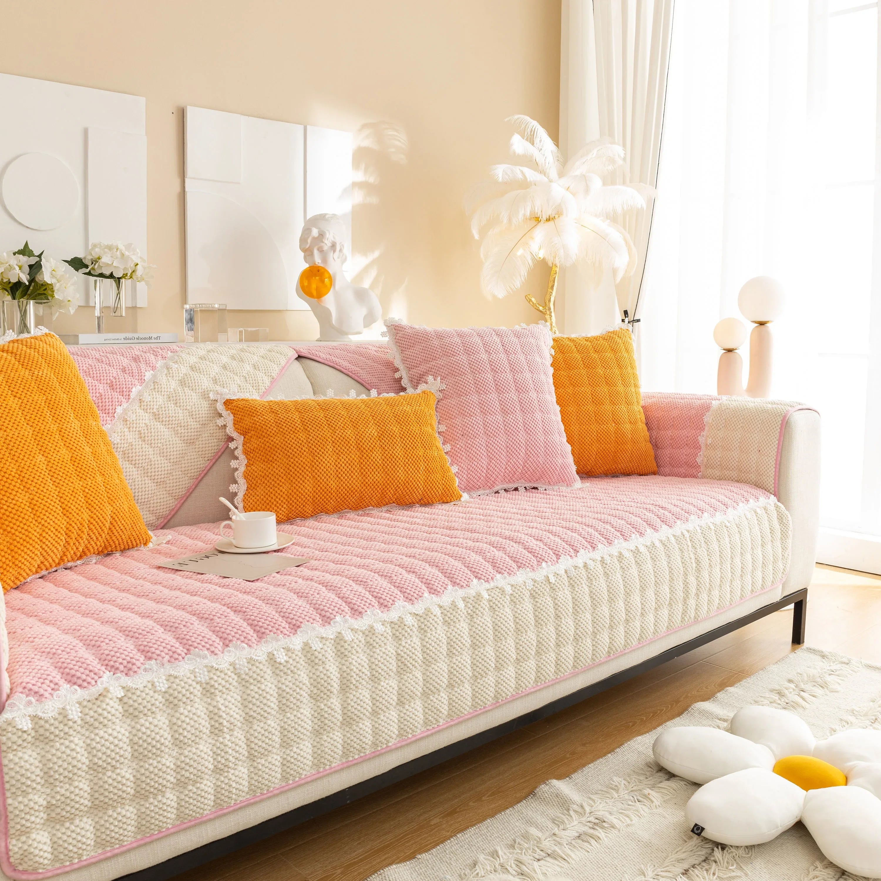 Non-Slip Sectional Couch Cover with Lace, Furniture Protector for Dogs, Pets, and Kids III - TaroTextile